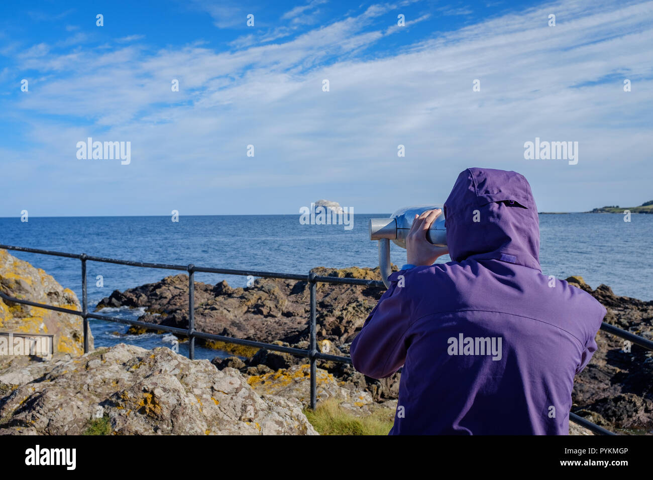 Ein Tourist sieht durch ein Teleskop zu Bass Rock, Heimat einer großen nördlichen Gannett, Morus bassanus, Kolonie, North Berwick, East Lothian, Schottland. Stockfoto