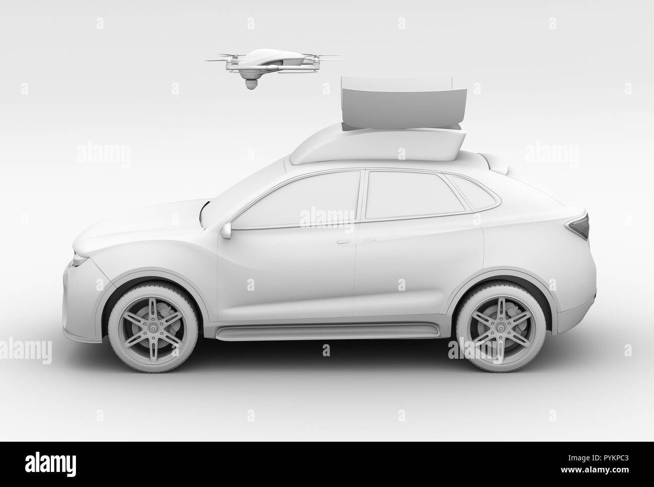 Ton rendering quadcopter Drohne von Electric rescue-SUV. 3D-Bild. Stockfoto