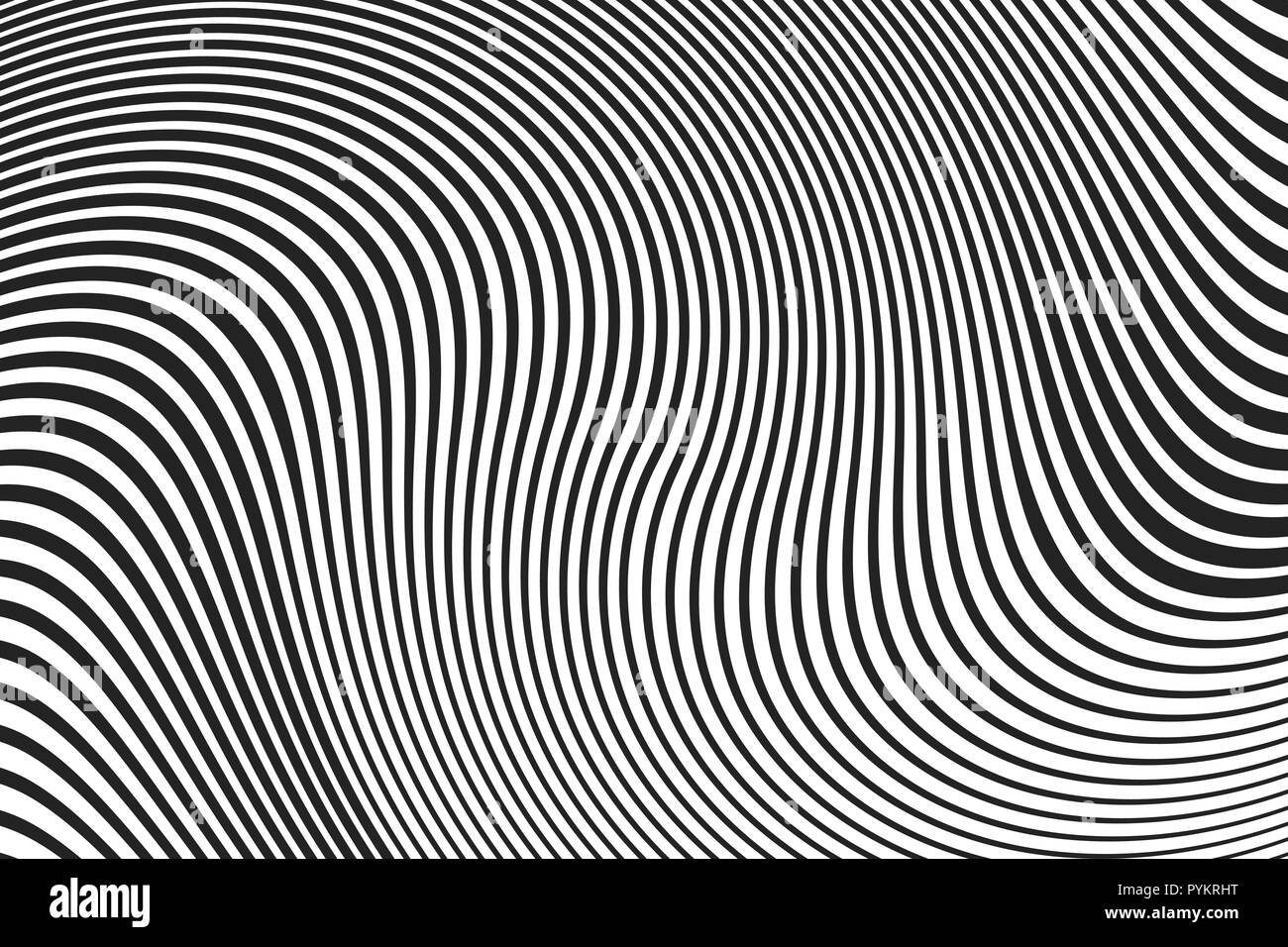 Schwarzen Wellenlinien mit unterschiedlicher Breite und Form. halftone Wirkung Hintergrund. Stock Vektor