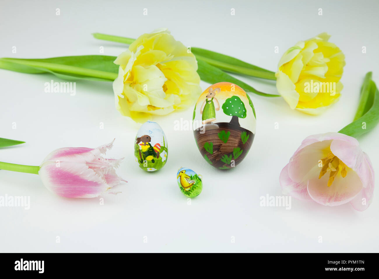 Studio shot von Tulip Blumen mit bemalten Eiern zu Ostern. Stockfoto