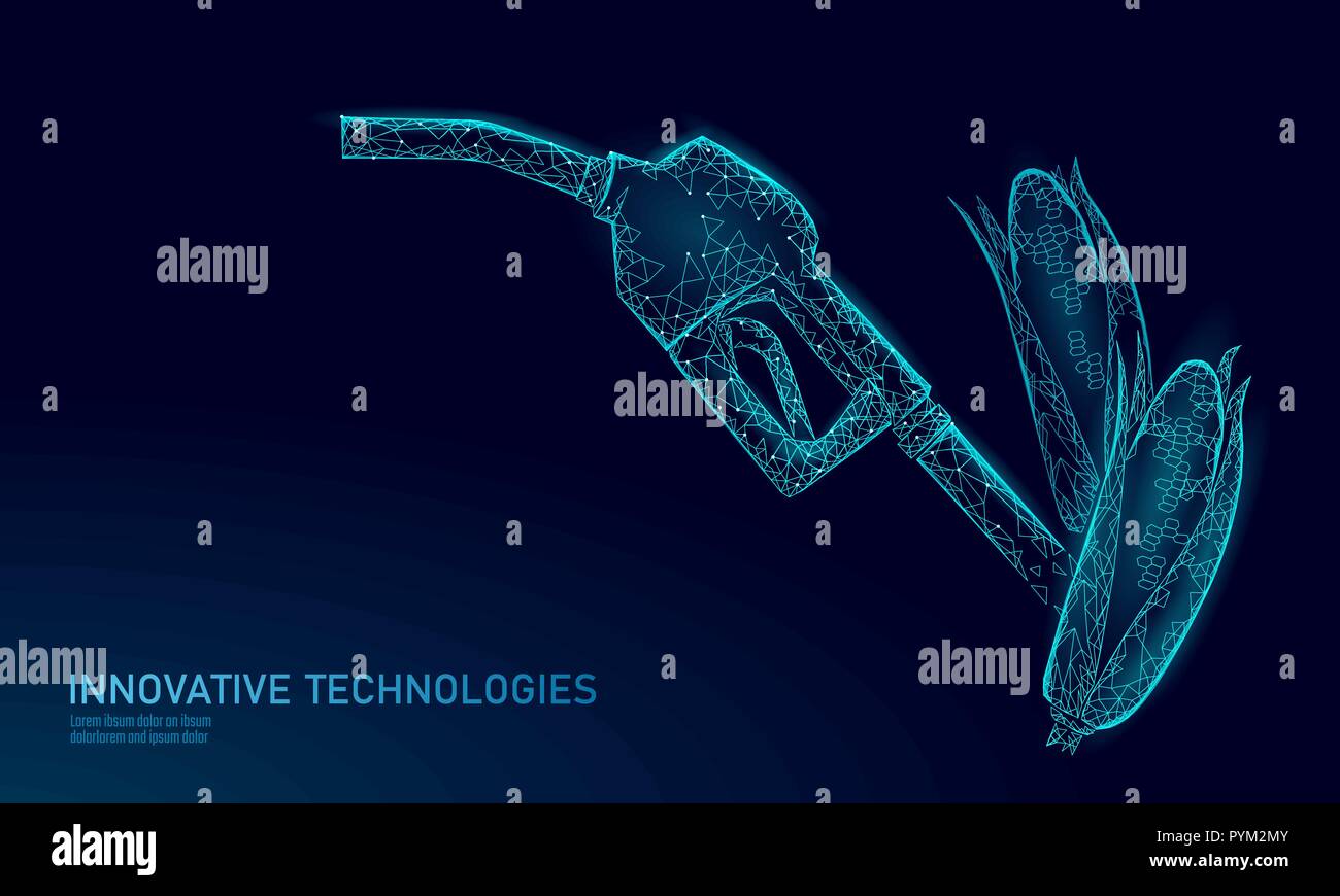 Ökologische Mais Biosprit Gewehr. Erneuerbare Energie Energie sparen Planet Business eco-Konzept. Low Poly polygonalen futuristische Dunkelblau dispenser Benzin Öl Industrie Technologie Vector Illustration Stock Vektor