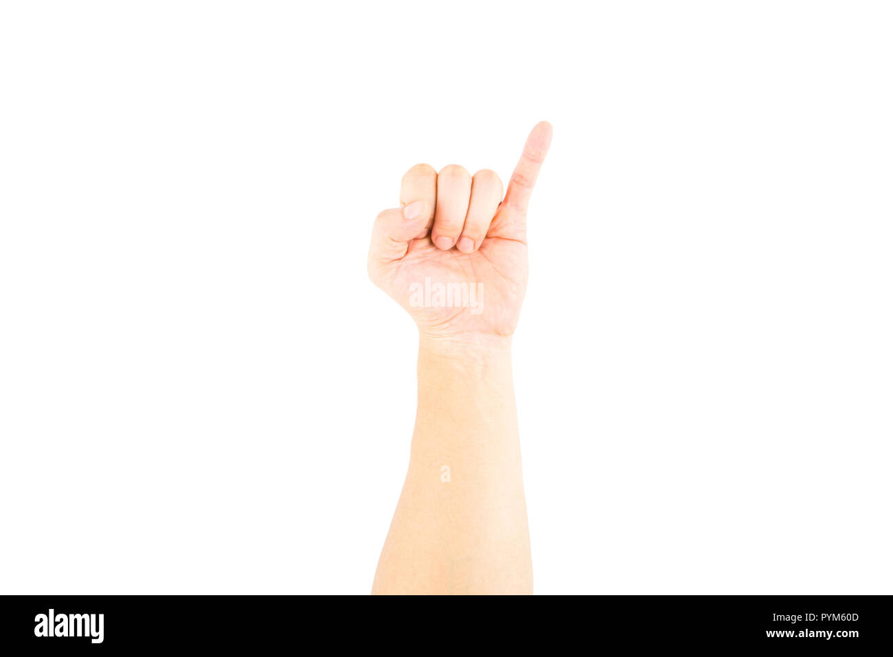 Asiatische männliche Hand zeigen wenig Hand bedeutet Versprechen auf weißem Hintergrund mit Freistellungspfaden. Stockfoto