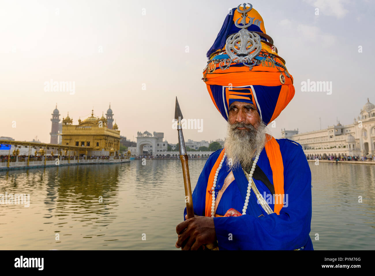 Das Porträt einer Nihang, einem Sikh heiliger Mann in seiner traditionellen Kleid, vor dem Harmandir Sahib, der Goldene Tempel Stockfoto