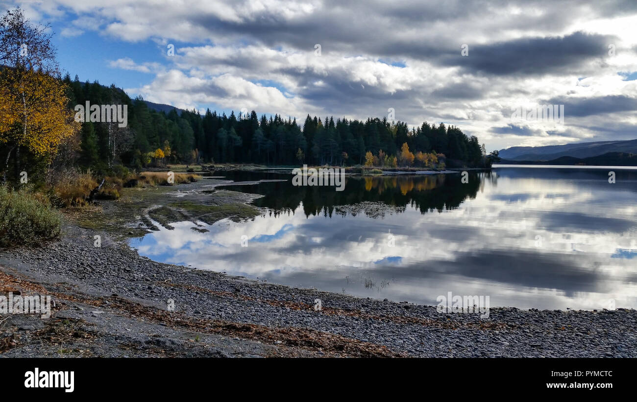 Friedliche und ruhige Landschaft des Lake mit dramatischen Wolken spiegeln sich in den ruhigen Wasser und Bäume im Herbst um. Stockfoto