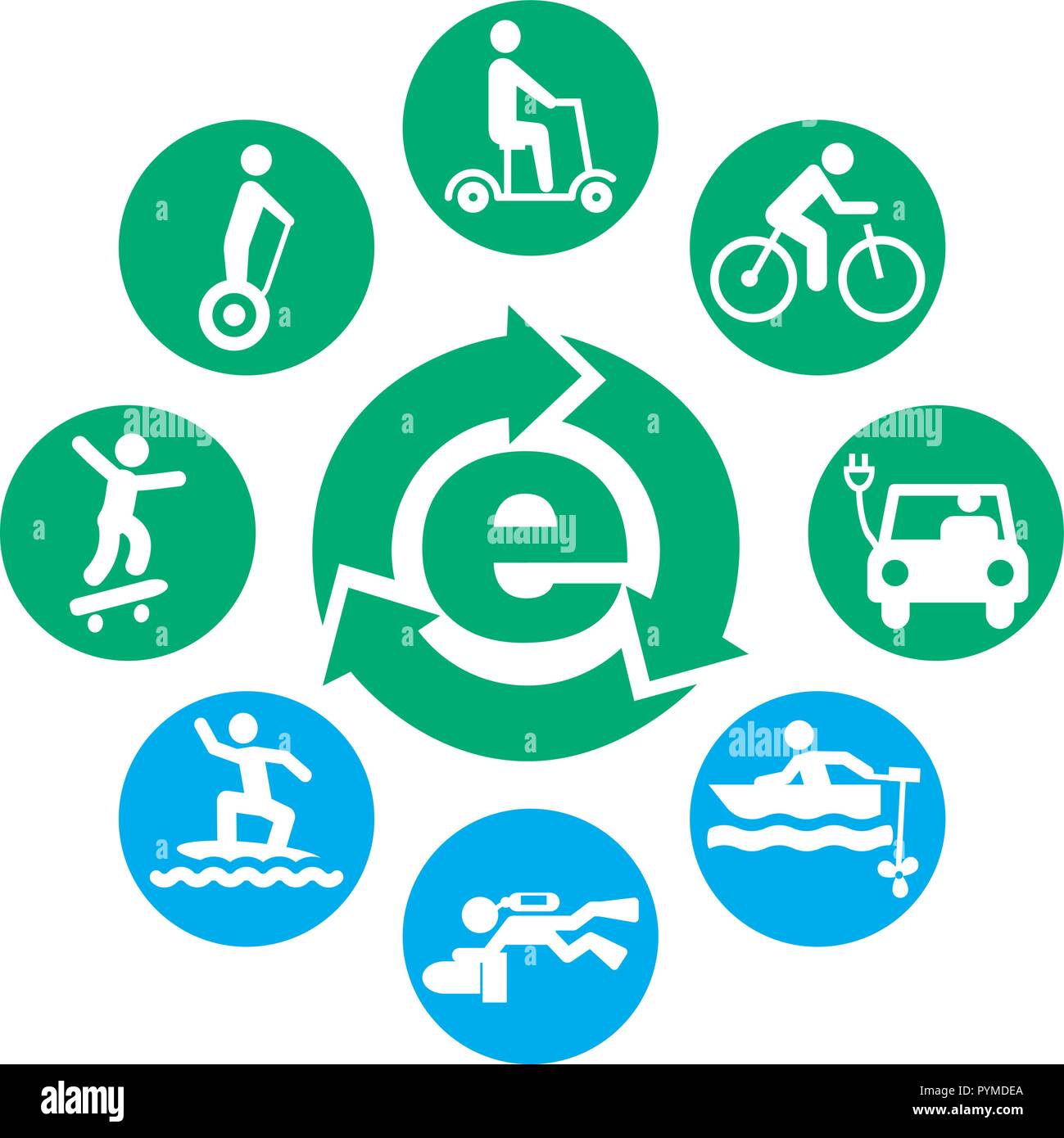 Elektrische Antriebe Fahrzeuge und Schiffe Icon Set Runde Stock Vektor