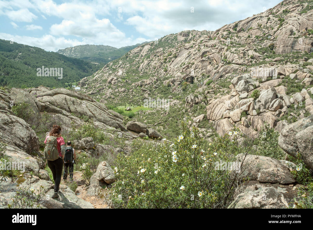 La Pedriza, Spanien. Trekker Paar durch Frühling Landschaft aus Granit lava wie Formationen. Stockfoto