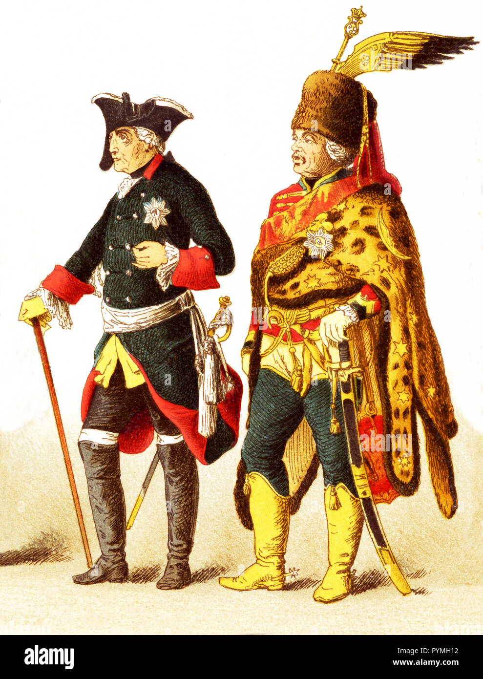 Die Zahlen vertreten sind hier alle Deutschen in 1700s und sind von links nach rechts: Ein Offizier der Dragoner, General von cuirrasiers, Friedrich II., General Ziethen, Offizier der Infanterie ließ. Die Abbildung stammt aus dem Jahre 1882. Stockfoto