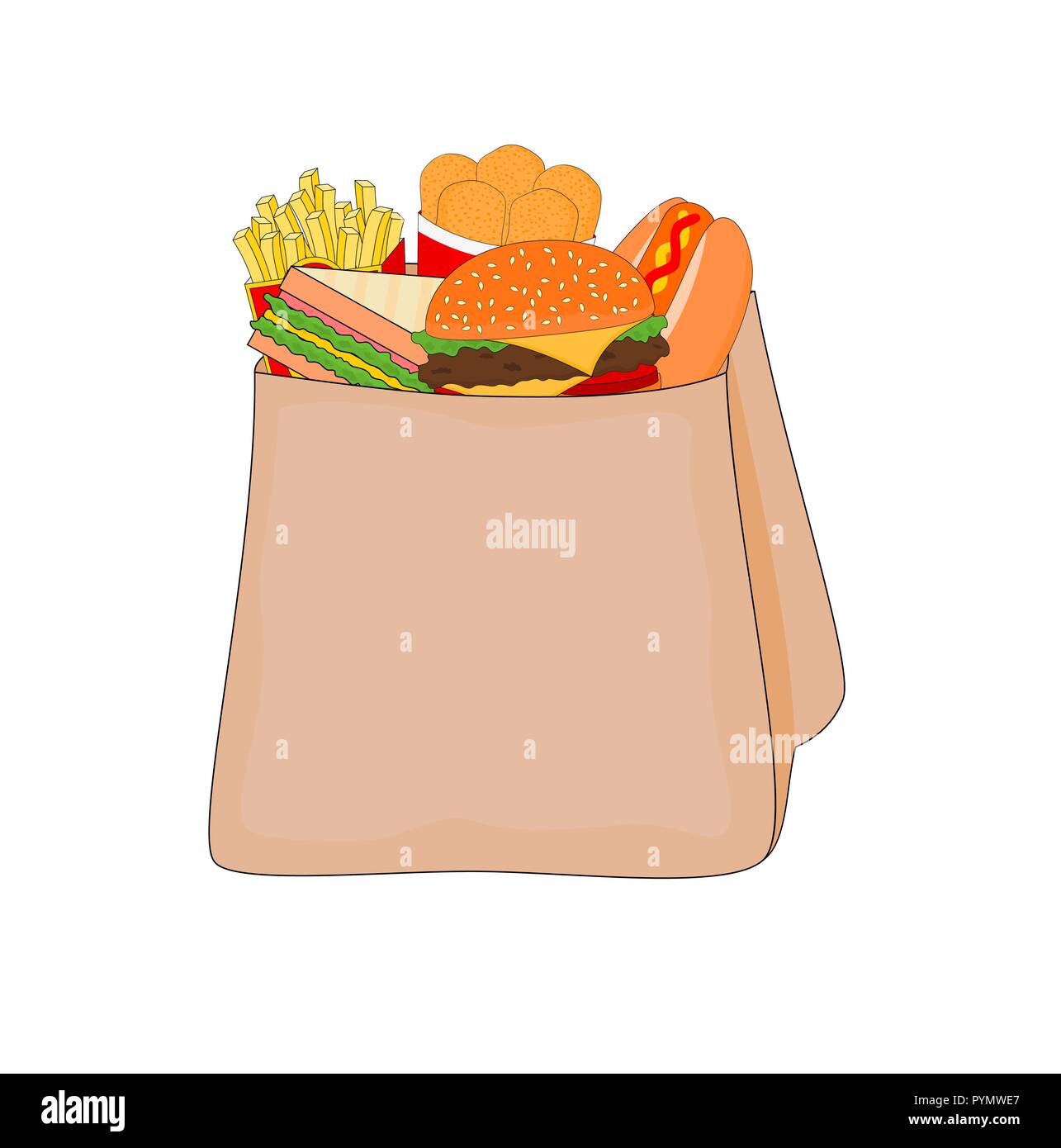 Isolierte lecker fast food Menü in der Einkaufstasche, illustration symbol Stock Vektor
