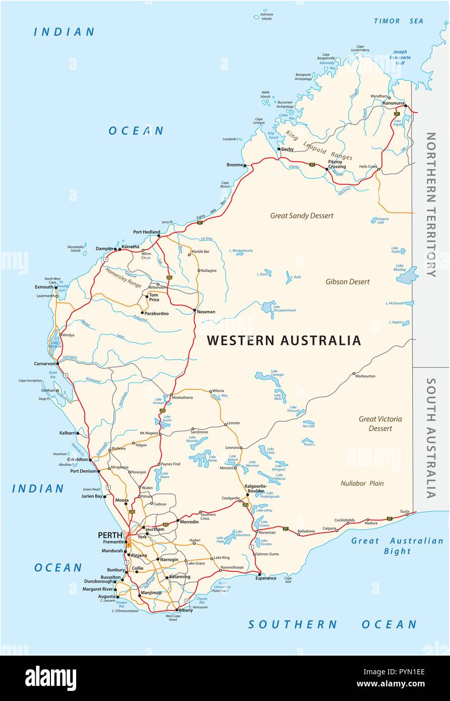 Straße Vektorkarte des Western Australian Zustand. Stock Vektor