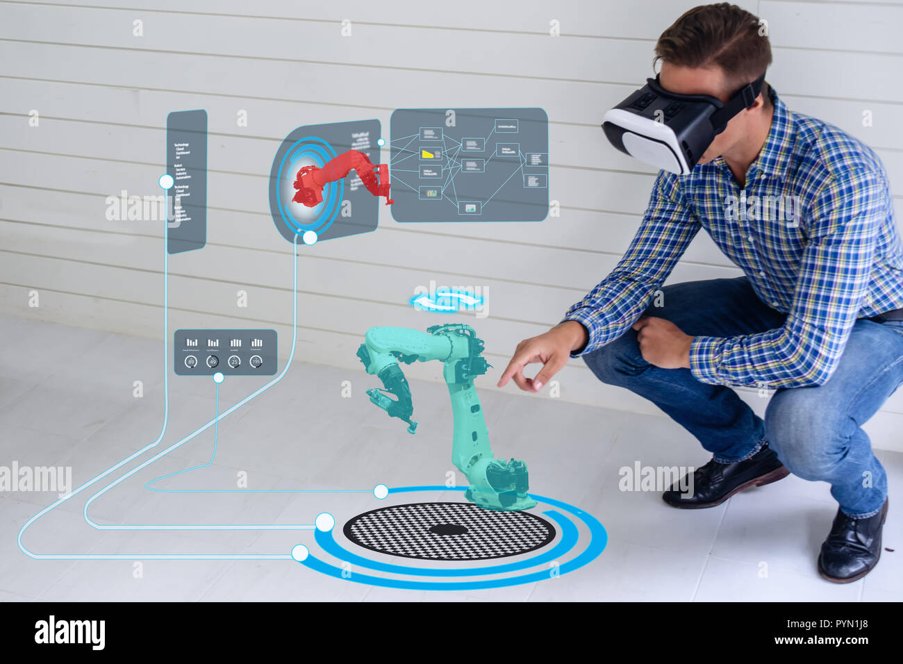 Iot smart Technologie futuristisch in der Industrie 4.0 Konzept, Ingenieur mit Augmented gemischt virtuelle Realität zu Bildung und Ausbildung, Reparaturen und Wartung Stockfoto