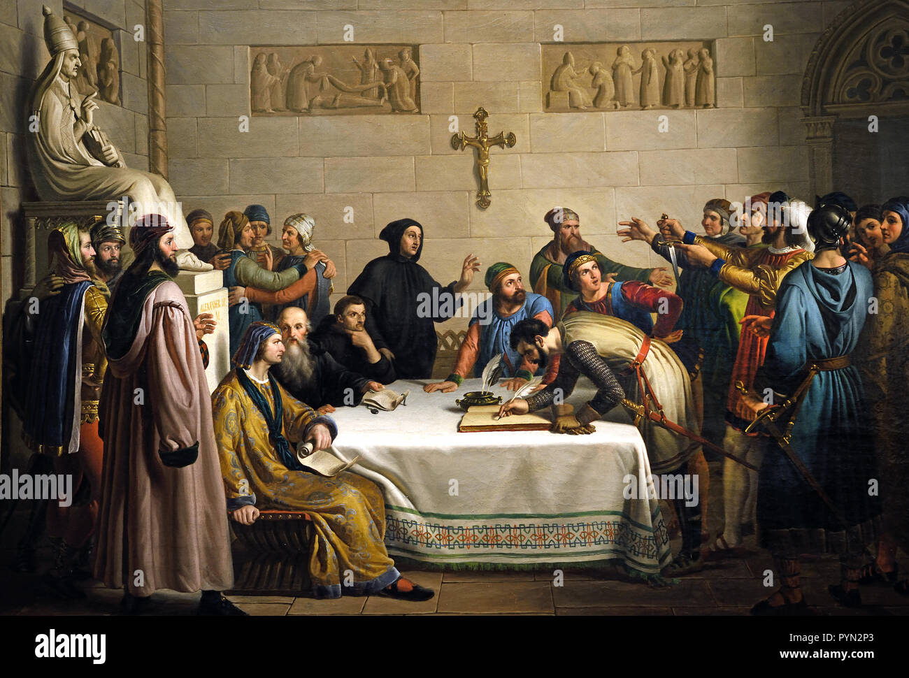 Giuseppe Diotti (1779-1846) den Schwur von Montagnana 1837, Italien, Italienisch. (Der Eid von Montagnana, Norditalien zu den lombardischen Liga machen am 7. April 1167, in der Stadt von Montagnana in der Provinz Lombardei. Die Kräfte der Lombardischen Liga würde sich zusammentun und die Niederlage der Heiligen Römischen Kaiser Friedrich Barbarossa in der Schlacht von Legnano.) Stockfoto