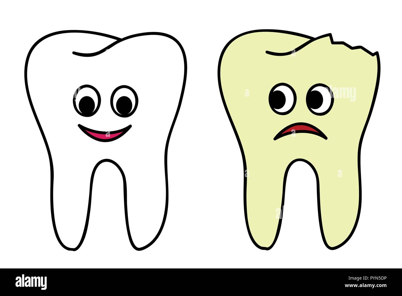 Gesunde und Zahn gebrochen Cartoon Illustration Vektor EPS 10. Stock Vektor