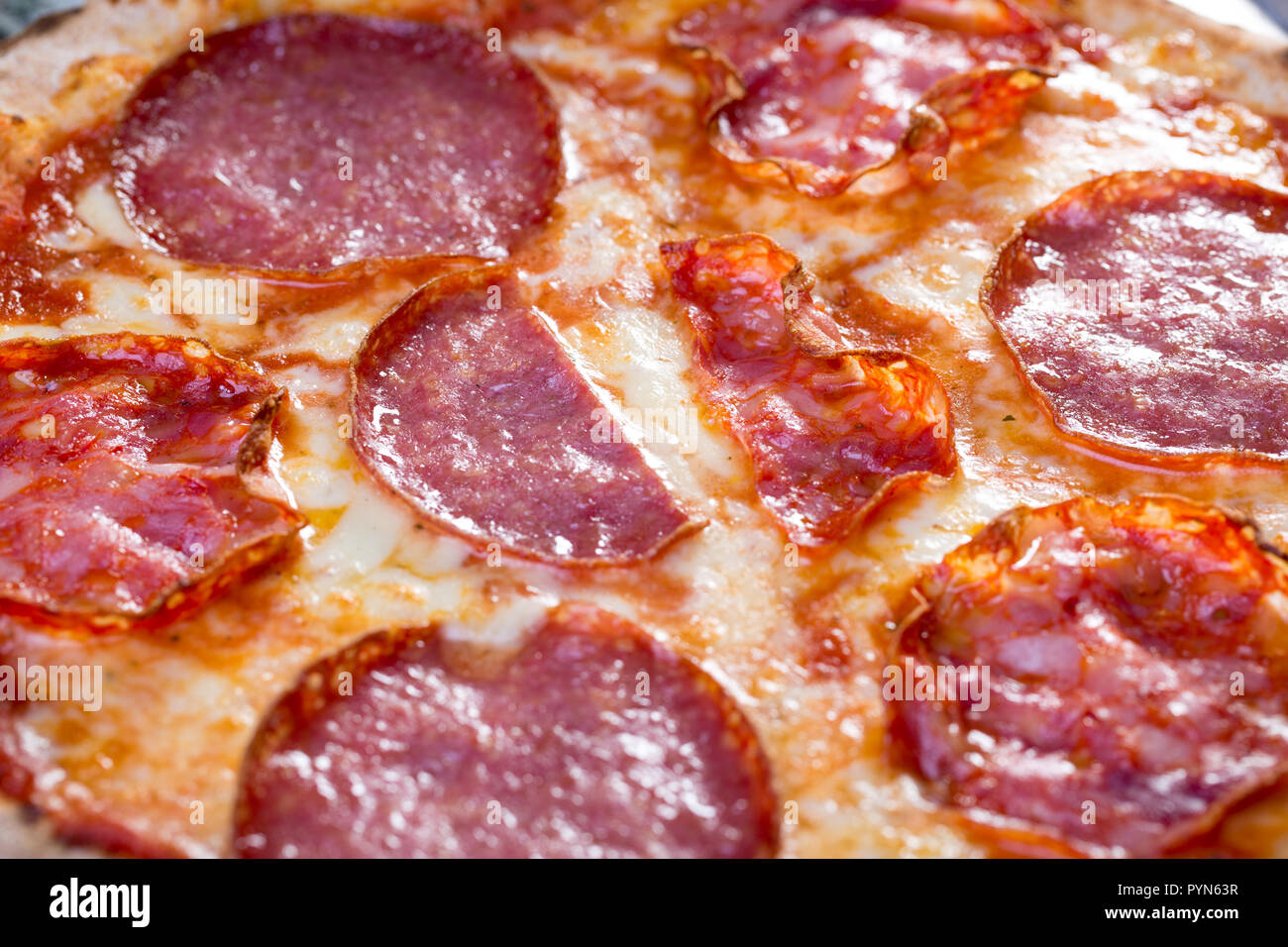 Schmackhafte italienische Salami Pizza mit Zutaten der Umgebung