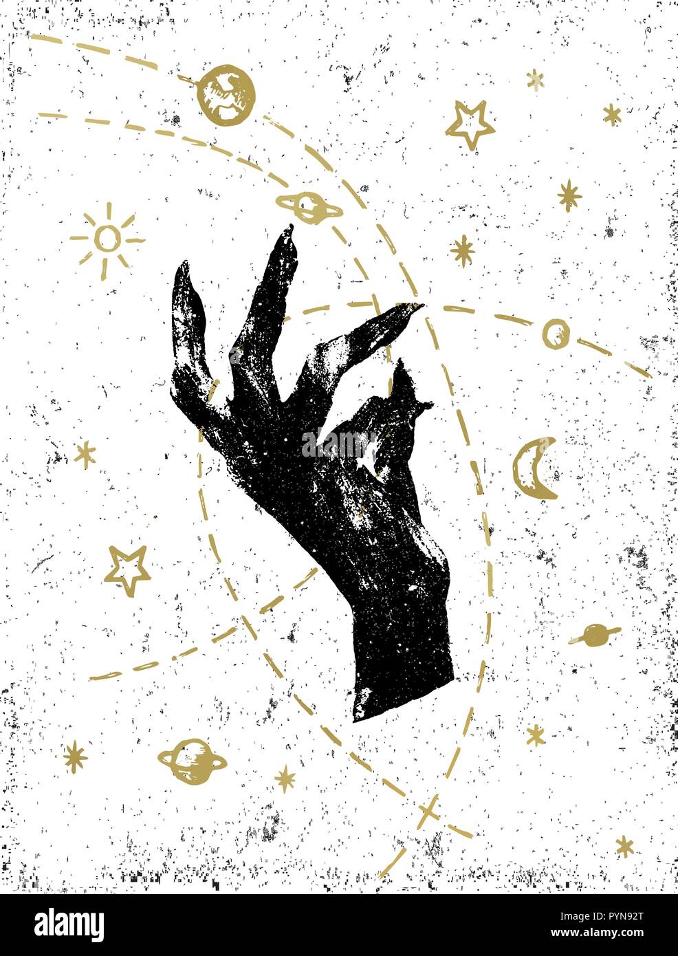 Der schwarzen Hexe hand mit symbolischen Kosmos Abbildung auf weiße strukturierte Hintergrund. Tattoo, Aufkleber, Patch oder Poster print Design. Stock Vektor