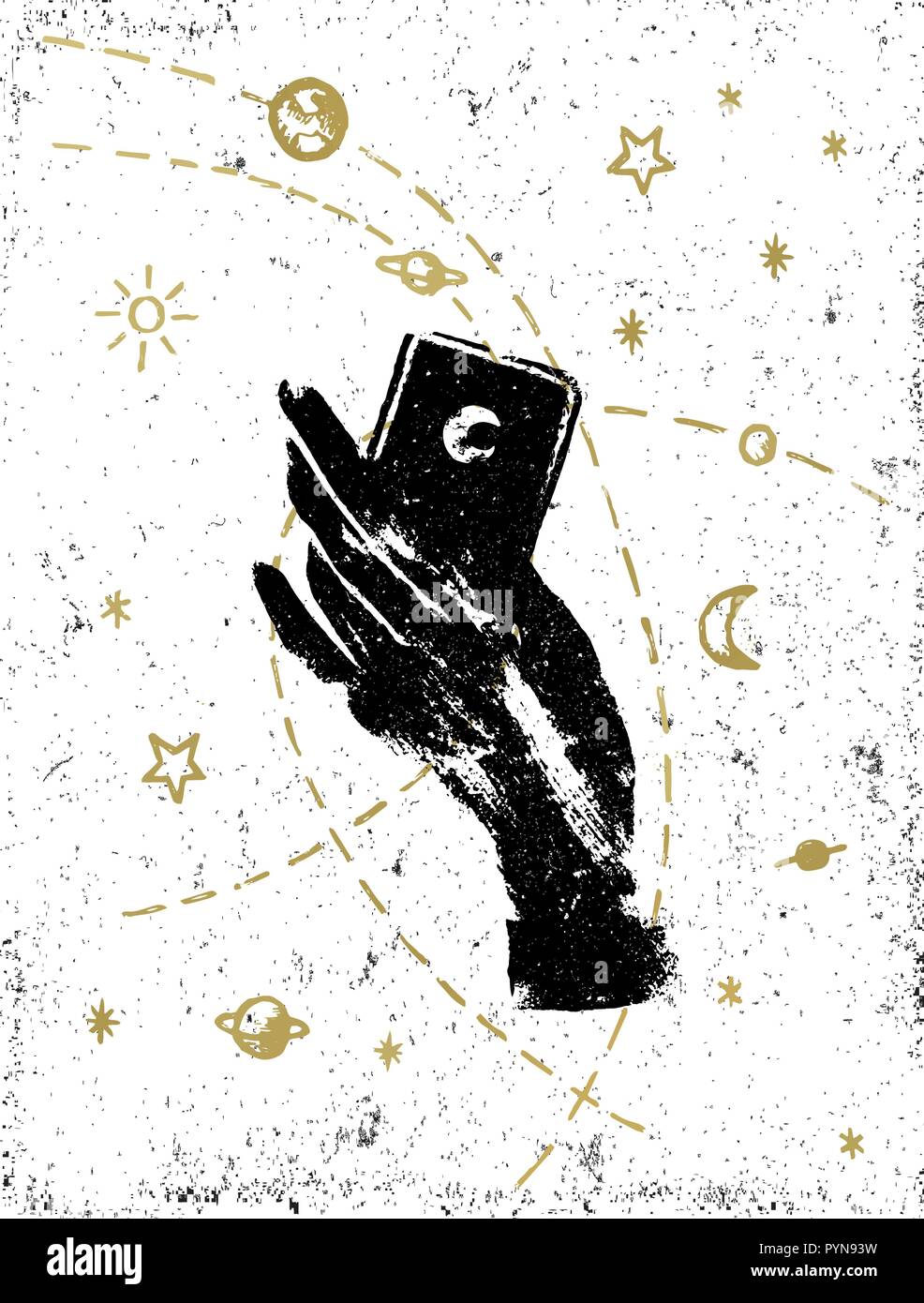 Der schwarzen Hexe hand mit symbolischen Kosmos Abbildung auf weiße strukturierte Hintergrund. Tattoo, Aufkleber, Patch oder Poster print Design. Stock Vektor