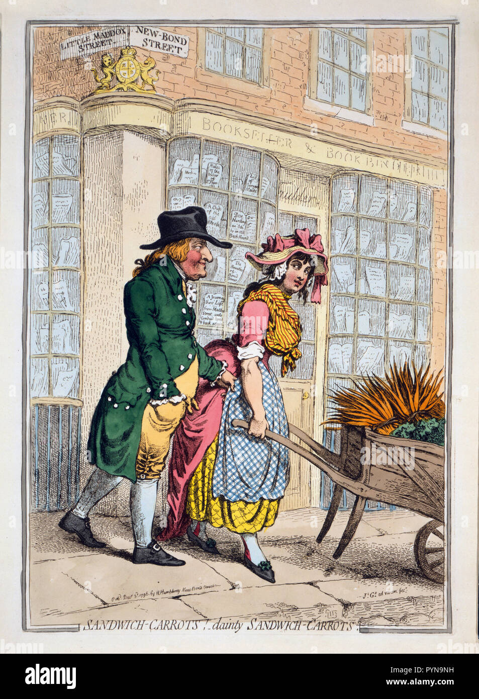 Eine vollbusige Mädchen drücken eine schubkarre von Karotten, entlang der Bond Street, über ihre Schulter an einem älteren Mann, der Sohn von John Montagu, 4. Earl of Sandwich, zupfte an ihrer Schürze sucht. Stockfoto
