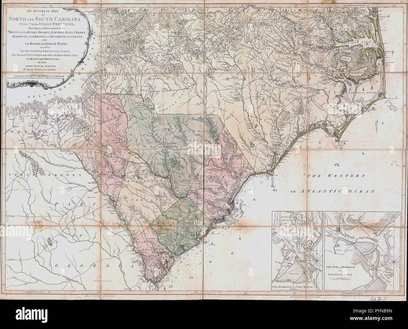 Vintage Karten/Antique Maps - eine genaue Karte von North und South Carolina mit ihren indischen Grenzen, in unterschiedlicher Art und Weise alle Berge, Flüsse, Sümpfe, Moore, Buchten, Buchten, Häfen, Sandbänke und Sondierungen an den Küsten; mit den Straßen und indischen Pfade Stockfoto
