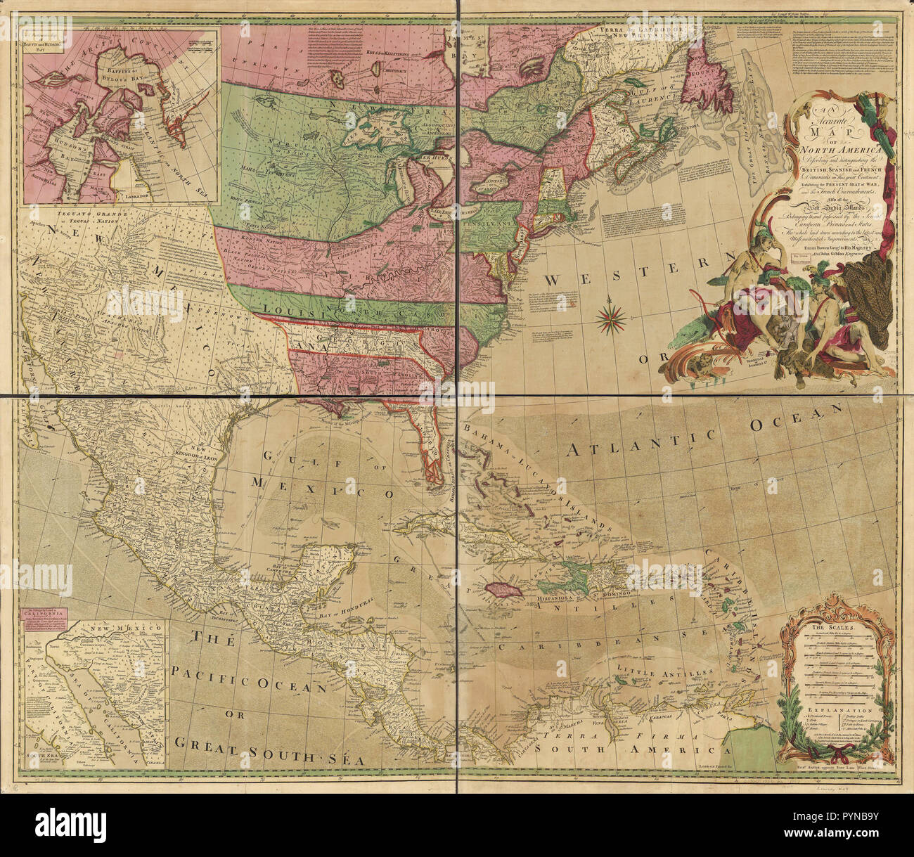 Vintage Karten/Antique Maps - eine genaue Karte von Nordamerika. Die Beschreibung und Unterscheidung der britischen, spanischen und französischen Herrschaften auf diesen großen Kontinent; die heutigen Sitz des Krieges, und der Französischen Übergriffen. Auch alle West Indien gehörenden Inseln, und besaß durch die verschiedenen europäischen Fürsten und Staaten. Die ganze festgelegt nach den neuesten und die meisten authentick Verbesserungen Stockfoto