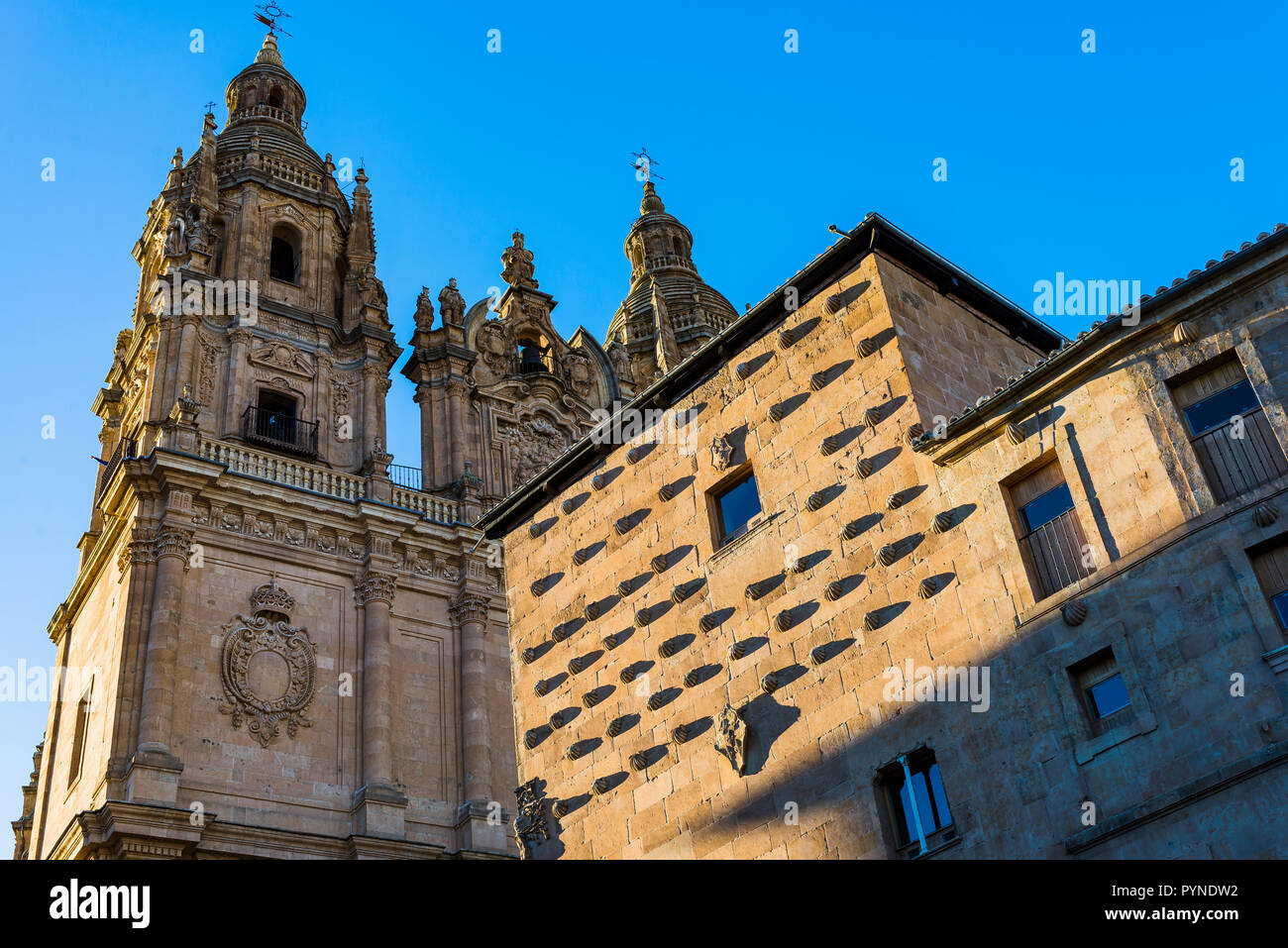 Fassaden der Casa de las Conchas - Haus der Muscheln - und die Iglesia de la Clerecia - Kirche des Klerus. Salamanca, Castilla y Leon, Spanien, Europ. Stockfoto