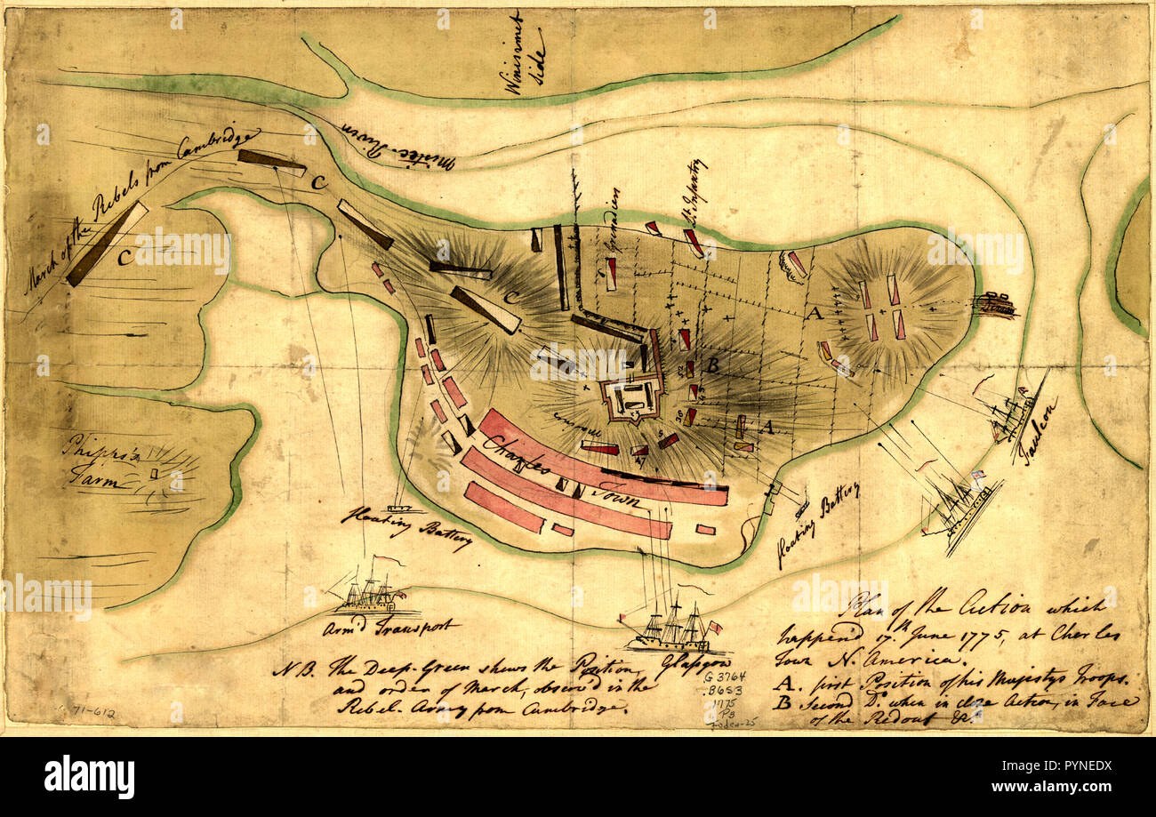 Vintage Karten/Antique Maps - Plan der Aktion passieren würde, 17. Juni 1775, in Charles Town, Nordamerika Stockfoto