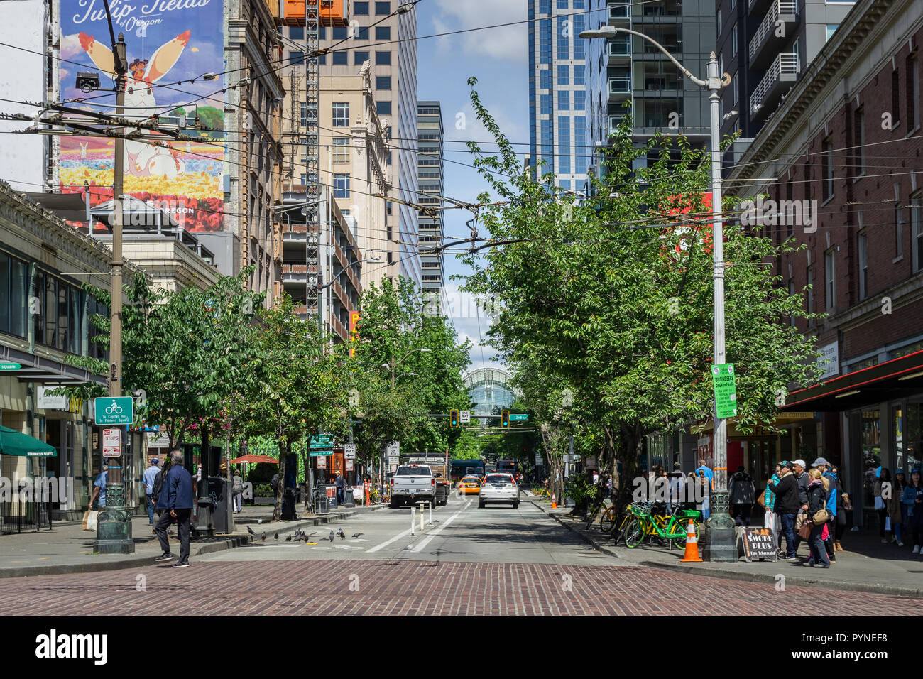 Pike Street, Pike Place district, Downtown Seattle, Washington State, USA. Stockfoto