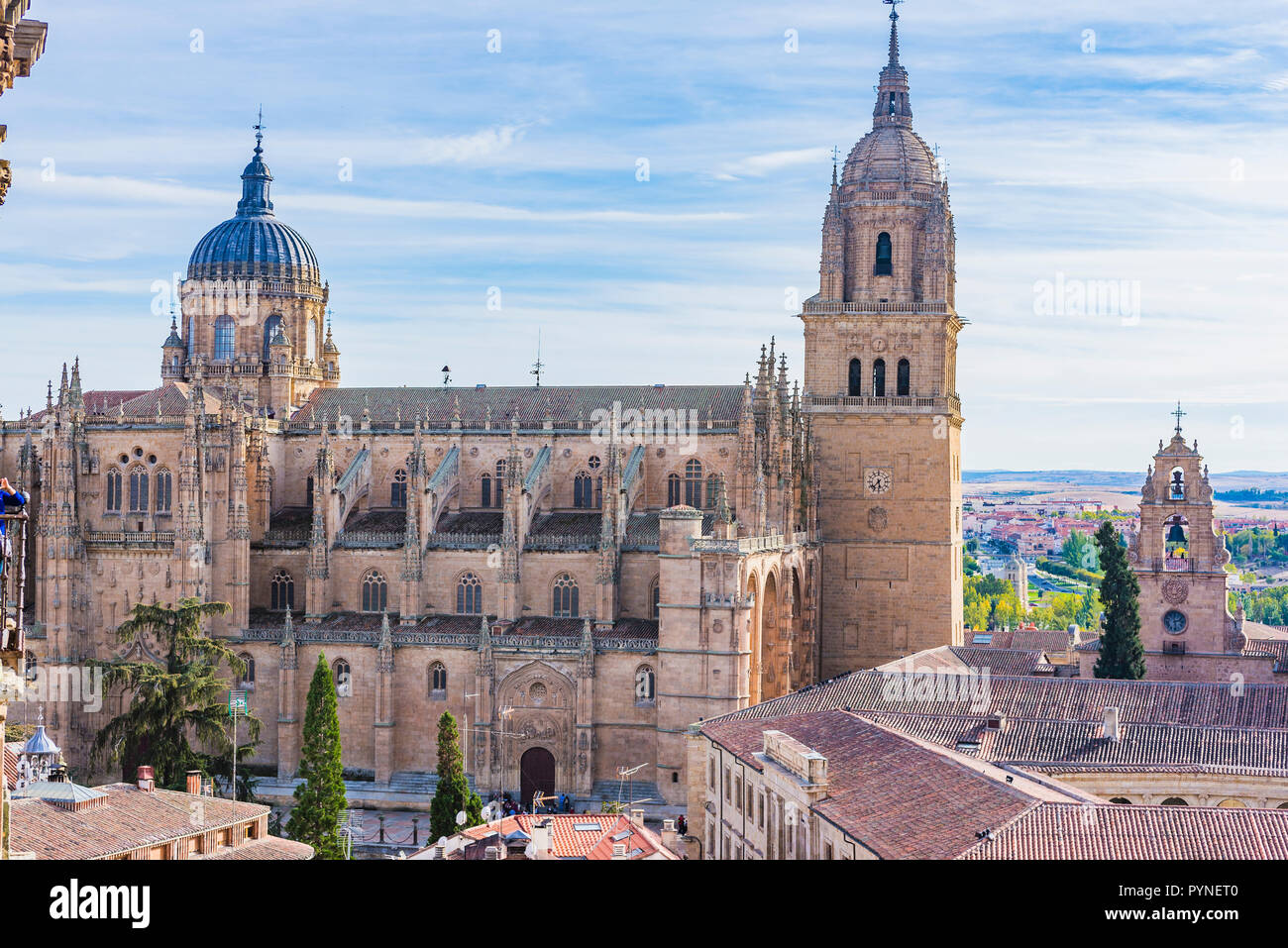 Blick von Salamanca aus dem clerecia Türme, Hervorhebung Fassade der Puerta de Ramos der Neuen Kathedrale. Salamanca, Castilla y Leon, Spanien, Europ. Stockfoto
