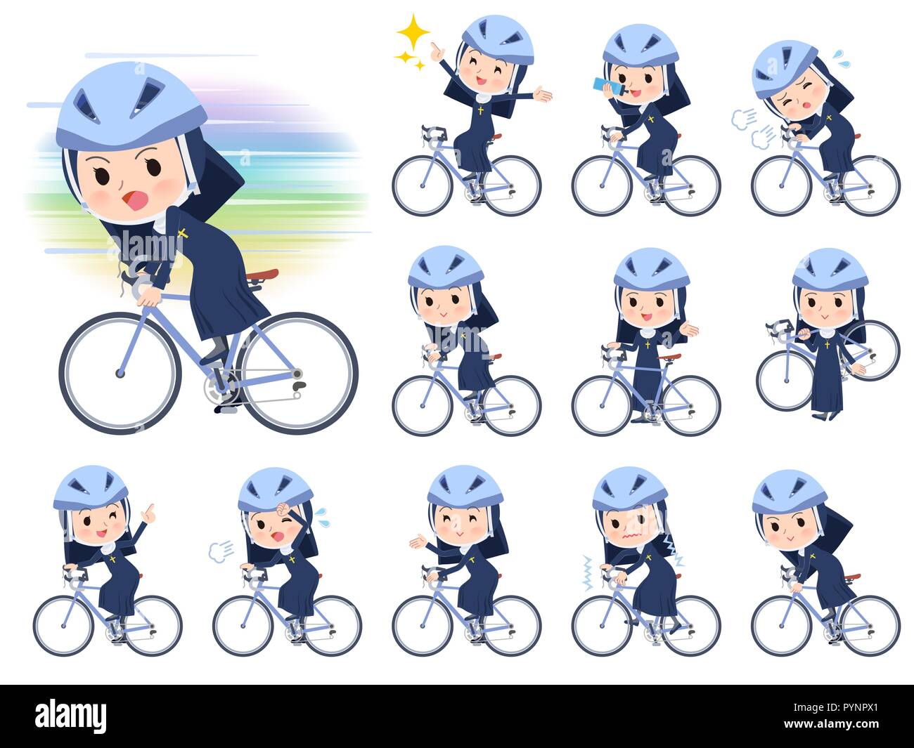 Eine Nonne, die Frauen auf der Straße Fahrrad. Es ist eine Aktion, genießt.  Es ist Vektor Kunst so ist es leicht zu bearbeiten Stock-Vektorgrafik -  Alamy