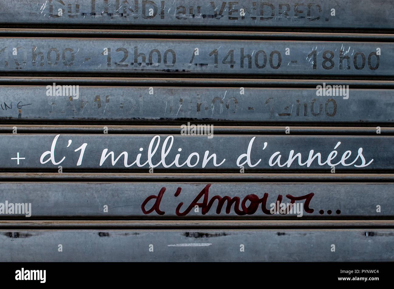 Grafitti auf eine geschlossene Jalousie shop Lesen "Ewige Liebe" (d'amour) in französischer Sprache Wörter in Avignon Frankreich Stockfoto