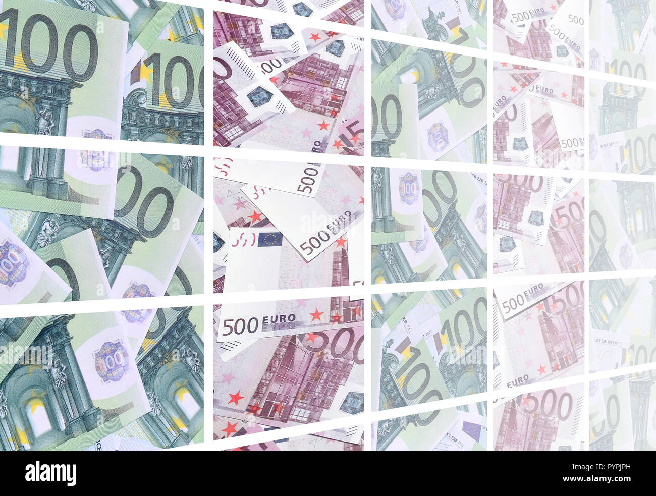 Eine Collage aus vielen Bildern von Hunderte von Dollar und Euro Rechnungen in einem Haufen Lügen Stockfoto