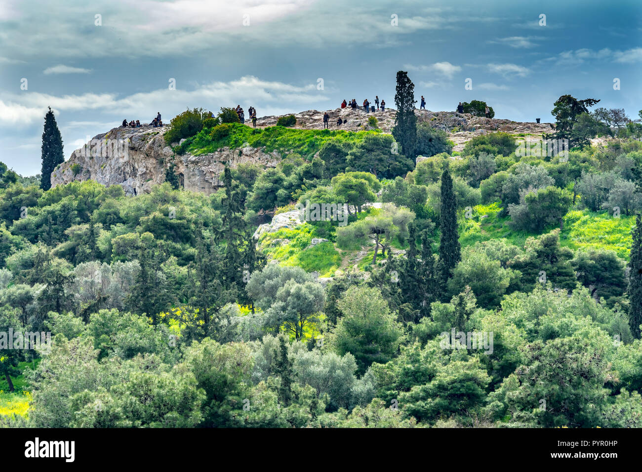 Antike Agora Marktplatz Felder Areopag Saint Paul Rock Athen Griechenland. Agora 6. Jahrhundert v. Chr.. Der hl. Paulus gepredigt von diesem Felsen. Stockfoto