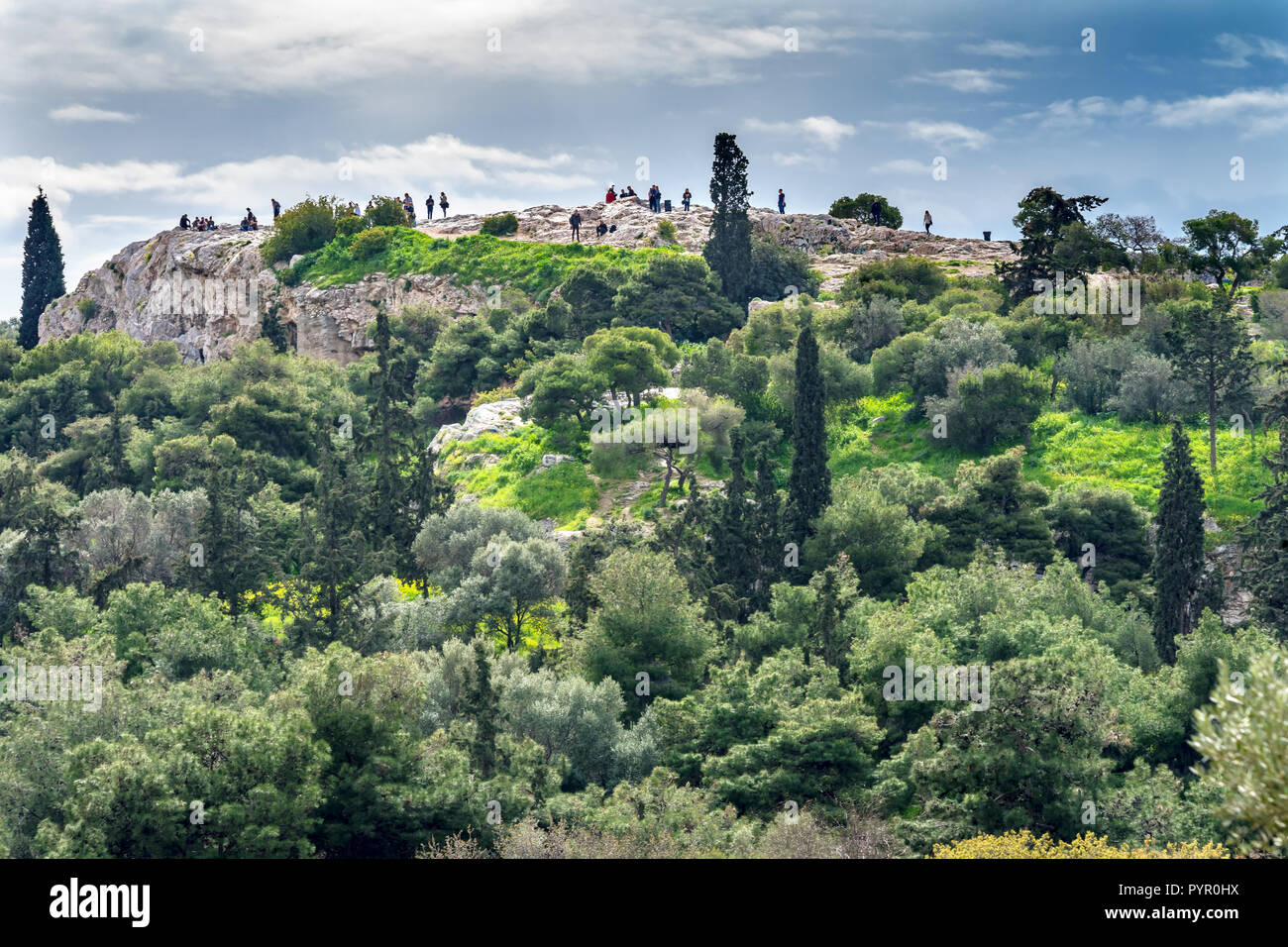 Antike Agora Marktplatz Felder Areopag Saint Paul Rock Athen Griechenland. Agora 6. Jahrhundert v. Chr.. Der hl. Paulus gepredigt von diesem Felsen. Stockfoto