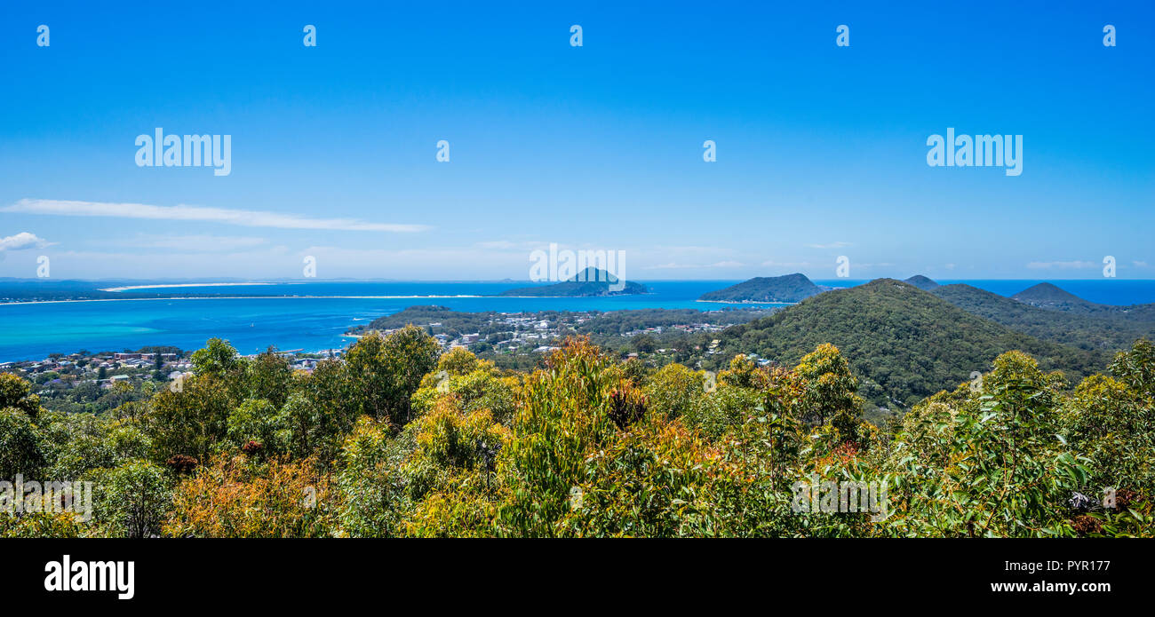 Anzeigen von Nelson Bay und Port Stephens von Gan Gan Lookout, Hunter, New South Wales, Australien Stockfoto