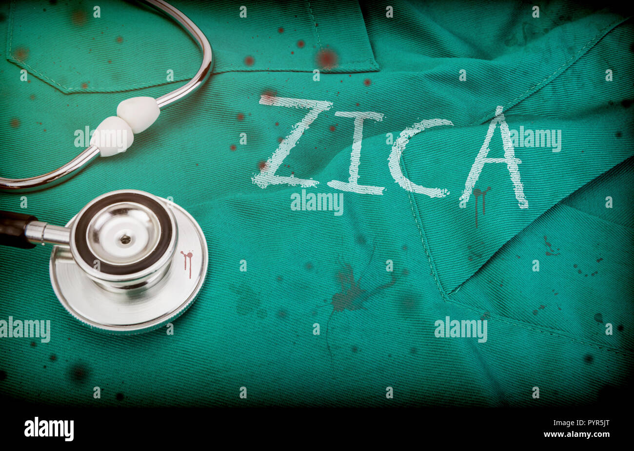 Wort zica identisch mit Ziel auf Uniform der Arzt beschmutzt mit Blut zusammen mit phonendoscope, konzeptionelle Bild Stockfoto