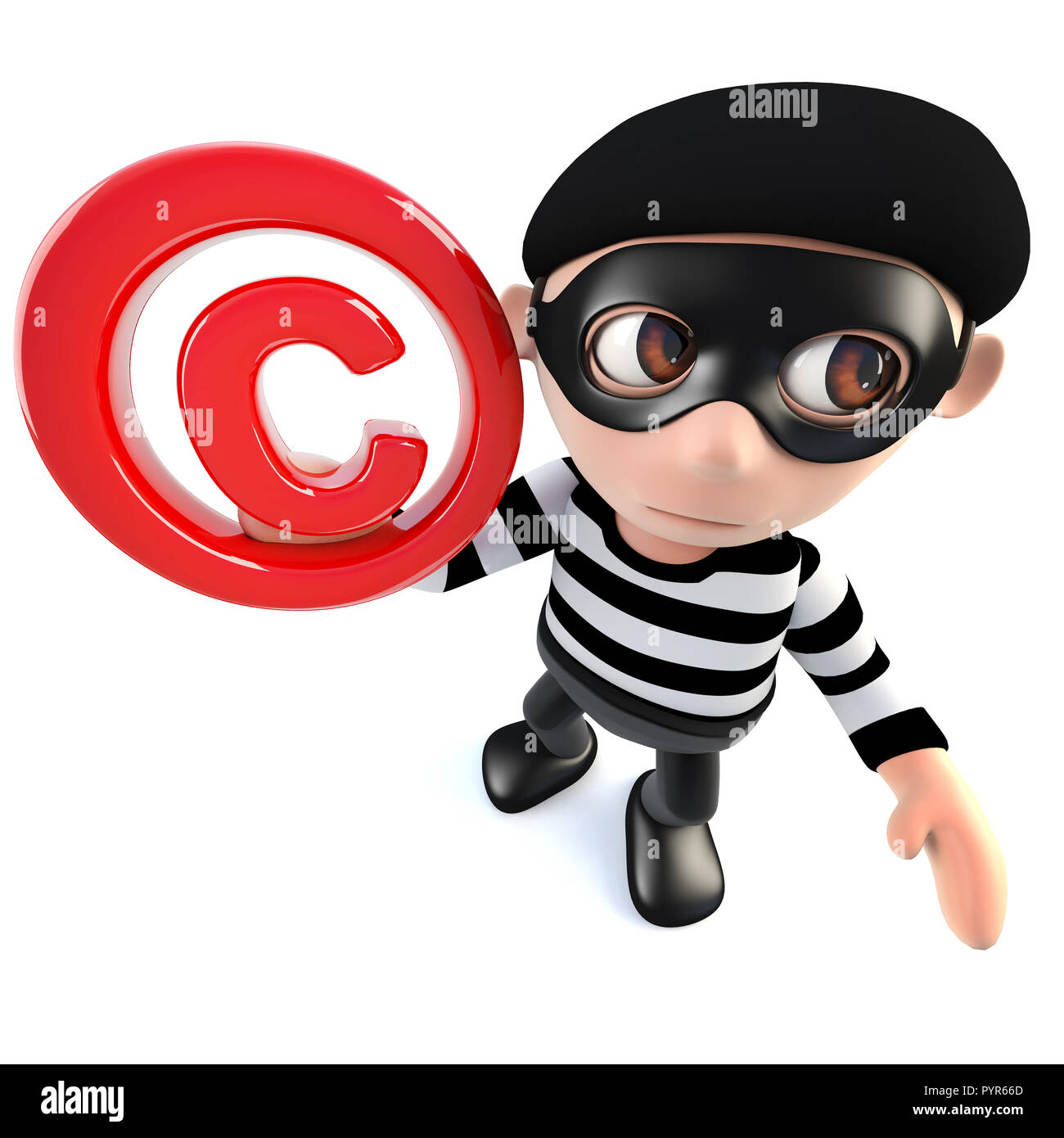 3D-Render eines lustigen Cartoon Einbrecher, Dieb Charakter mit einem Copyright Symbol Stockfoto
