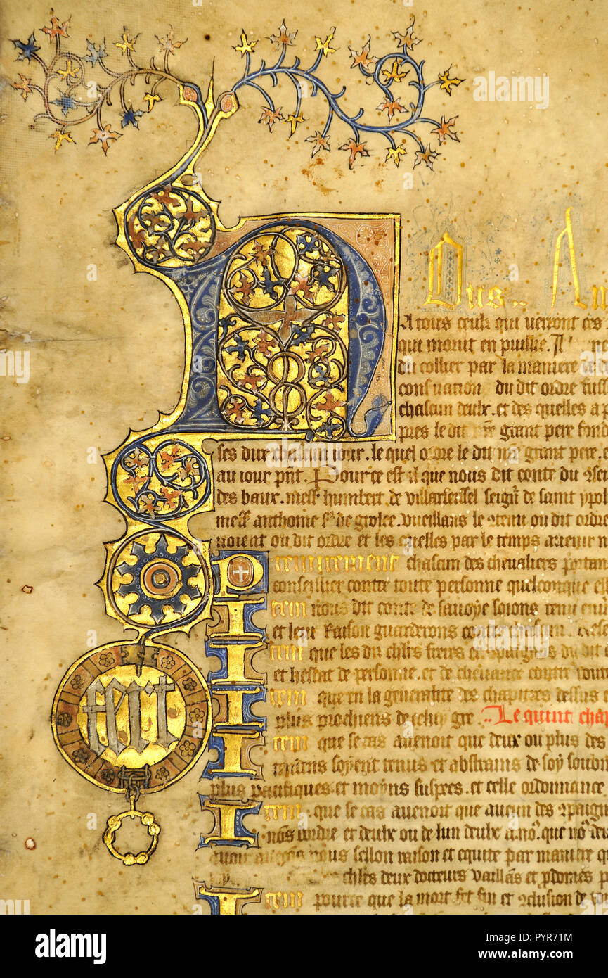 Pergament, cm 96 X 70 Satzung der Kragen um, später der Verkündigung von Amedeo VIII vom 13. Februar 1434 erneuert - teil. Motto des Hauses Savoyen Fert Stockfoto