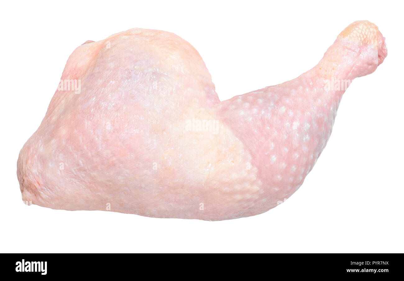 Frisches rohes Hühnerfleisch, auf weißem Hintergrund. Huhn drumstick oder Bein, Ansicht von oben. Stockfoto