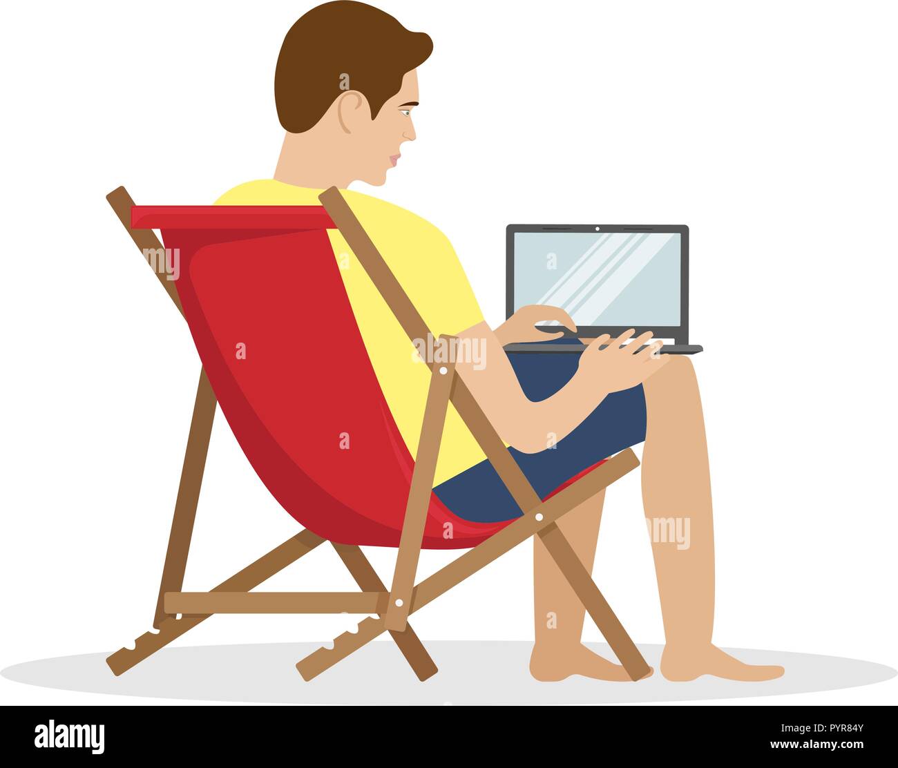 Ein Mann in einem Liegestuhl, die an einem Laptop. Remote arbeiten, freiberufliche. Vector Illustration. Stock Vektor
