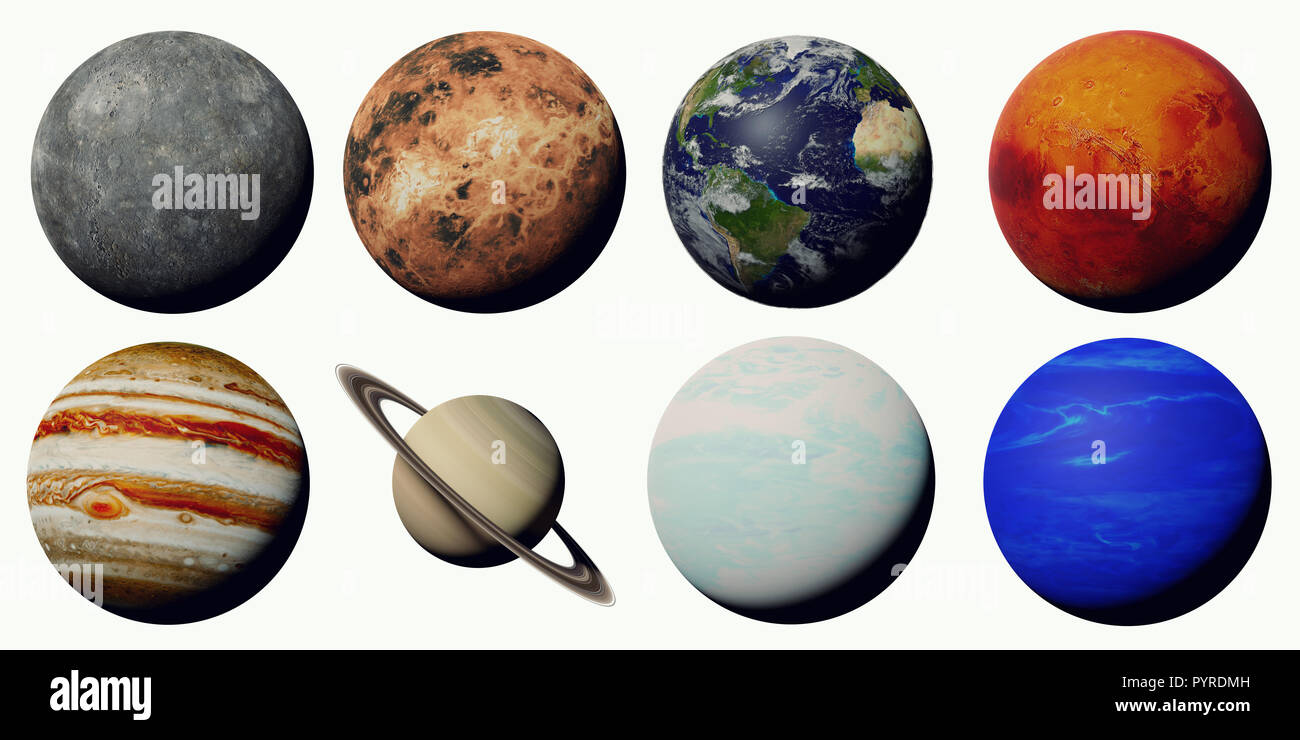 Die Planeten des Sonnensystems auf weißem Hintergrund Stockfoto