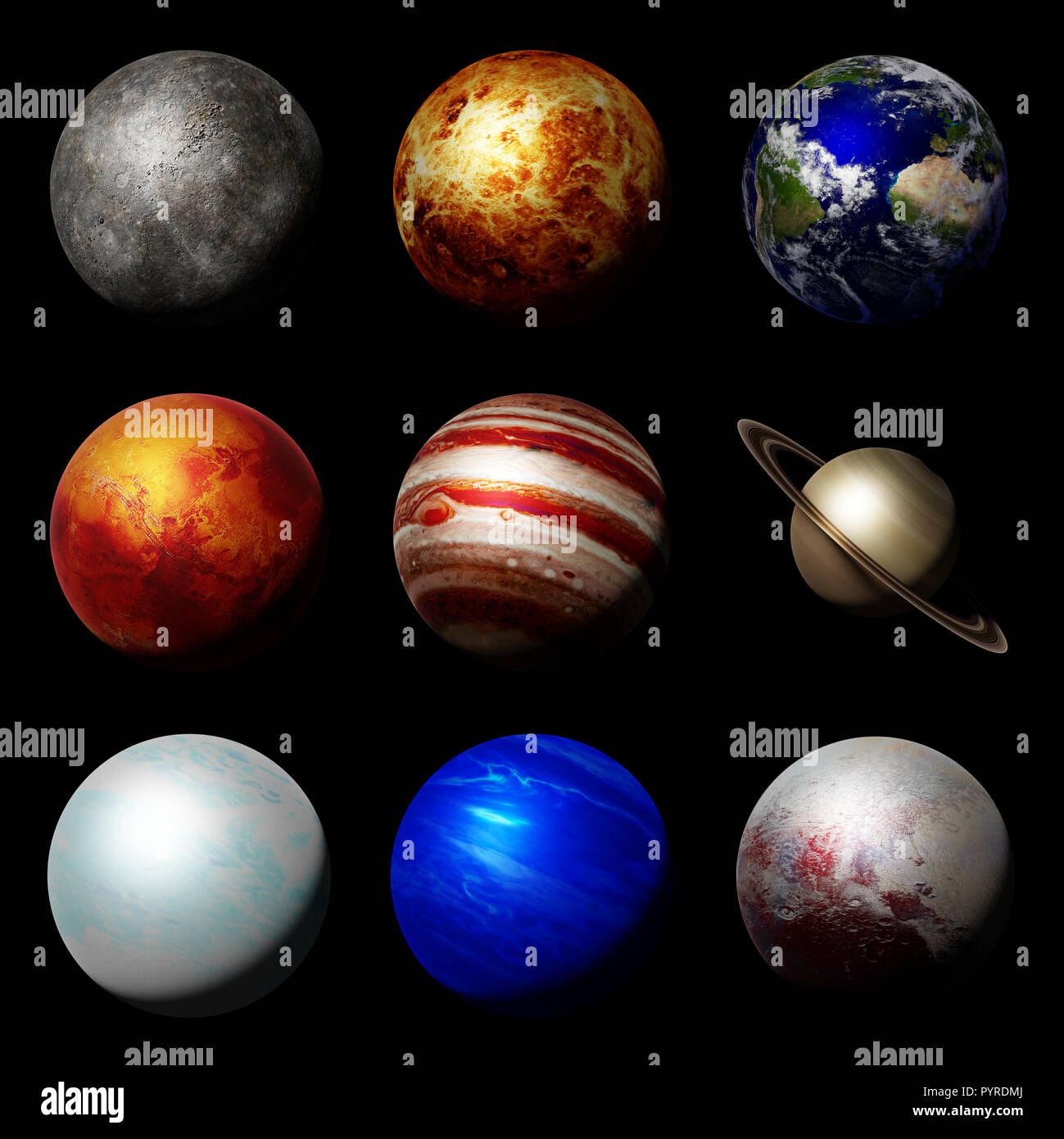 Die Planeten des Sonnensystems auf schwarzem Hintergrund Stockfoto