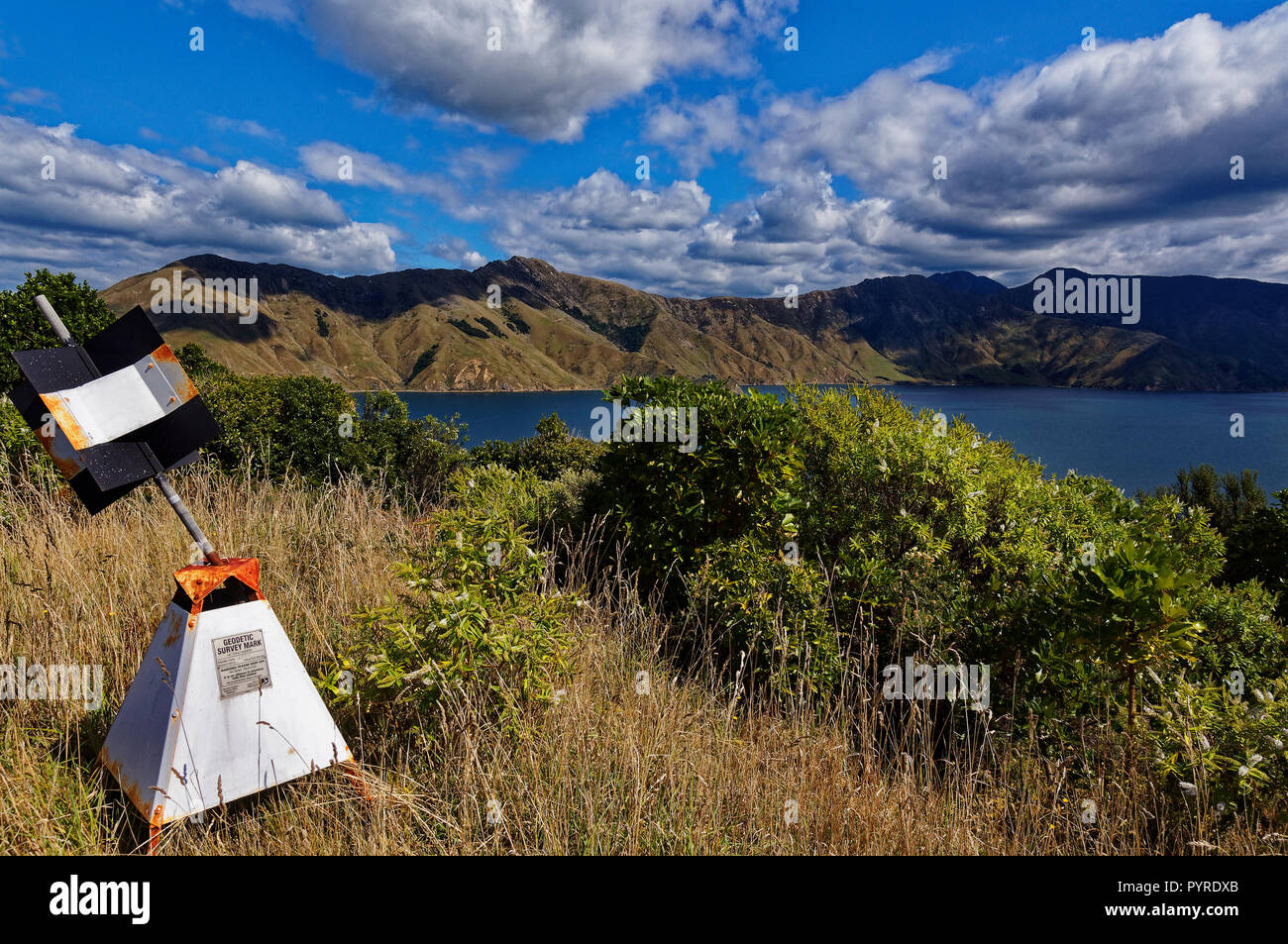 Trig-Station auf dem höchsten Punkt der Insel Maud, predator freie Insel, Marlborough Sounds, Neuseeland Stockfoto