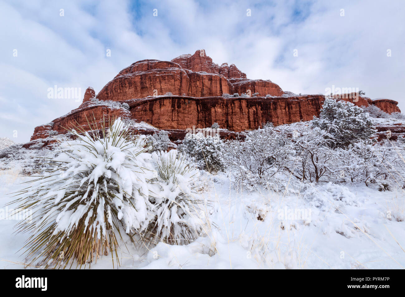 Bell Rock mit Schnee, Sedona, Arizona Stockfoto