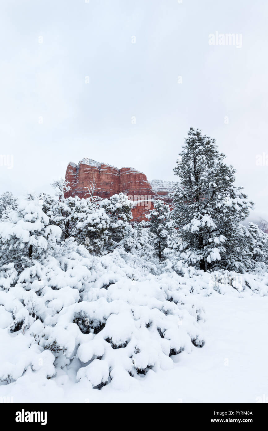 Courthouse Butte in frischem Schnee, Sedona, Arizona Stockfoto