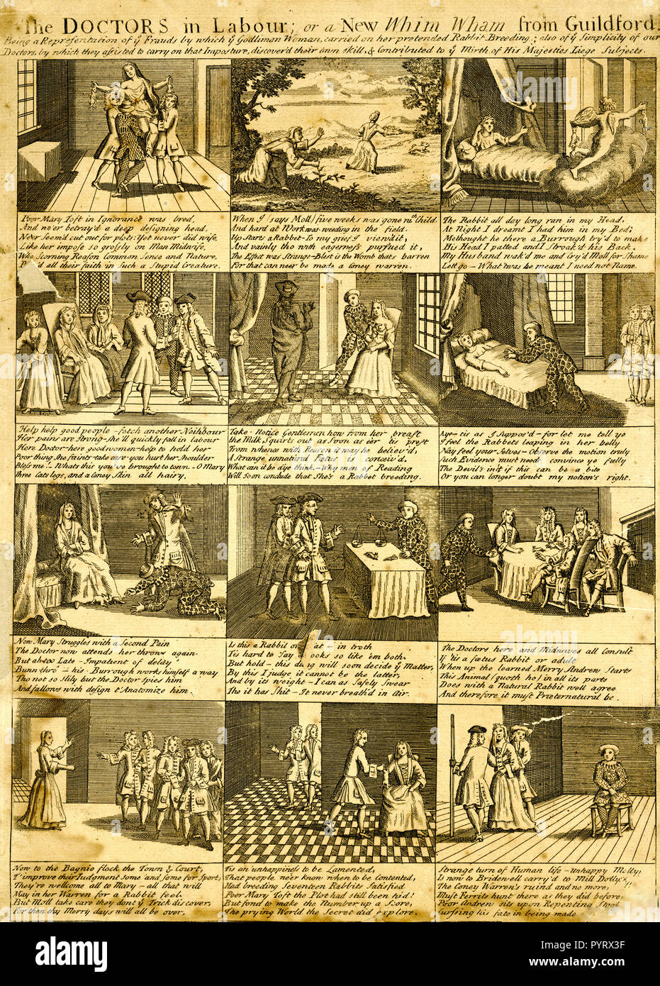 Prospekt mit zwölf Szenen mit poetischen Untertiteln beschreiben die Notlage der englische Frau Maria Toft, die Ärzte, zu glauben, dass sie gegeben hatte Geburt zu Kaninchen betrogen. ' Stockfoto