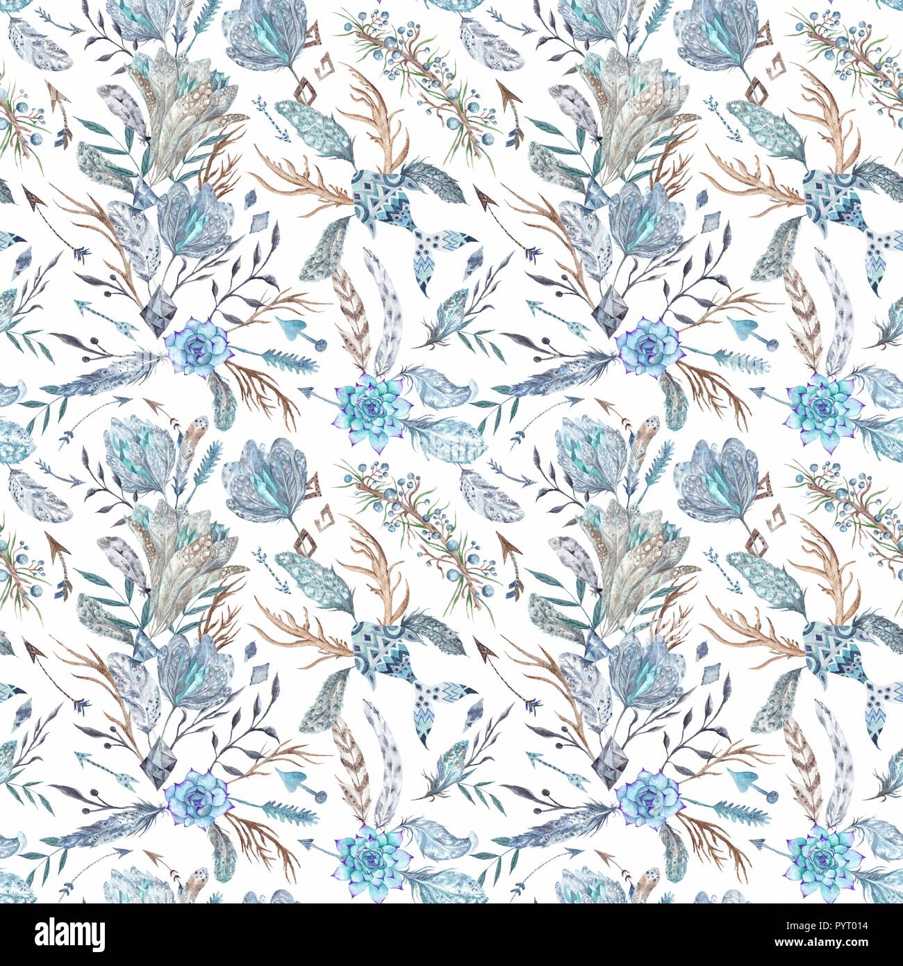 Nahtlose Textur mit Federn, Blumen und Kristalle isoliert auf weißem Hintergrund für Textil-und Tapete Stockfoto