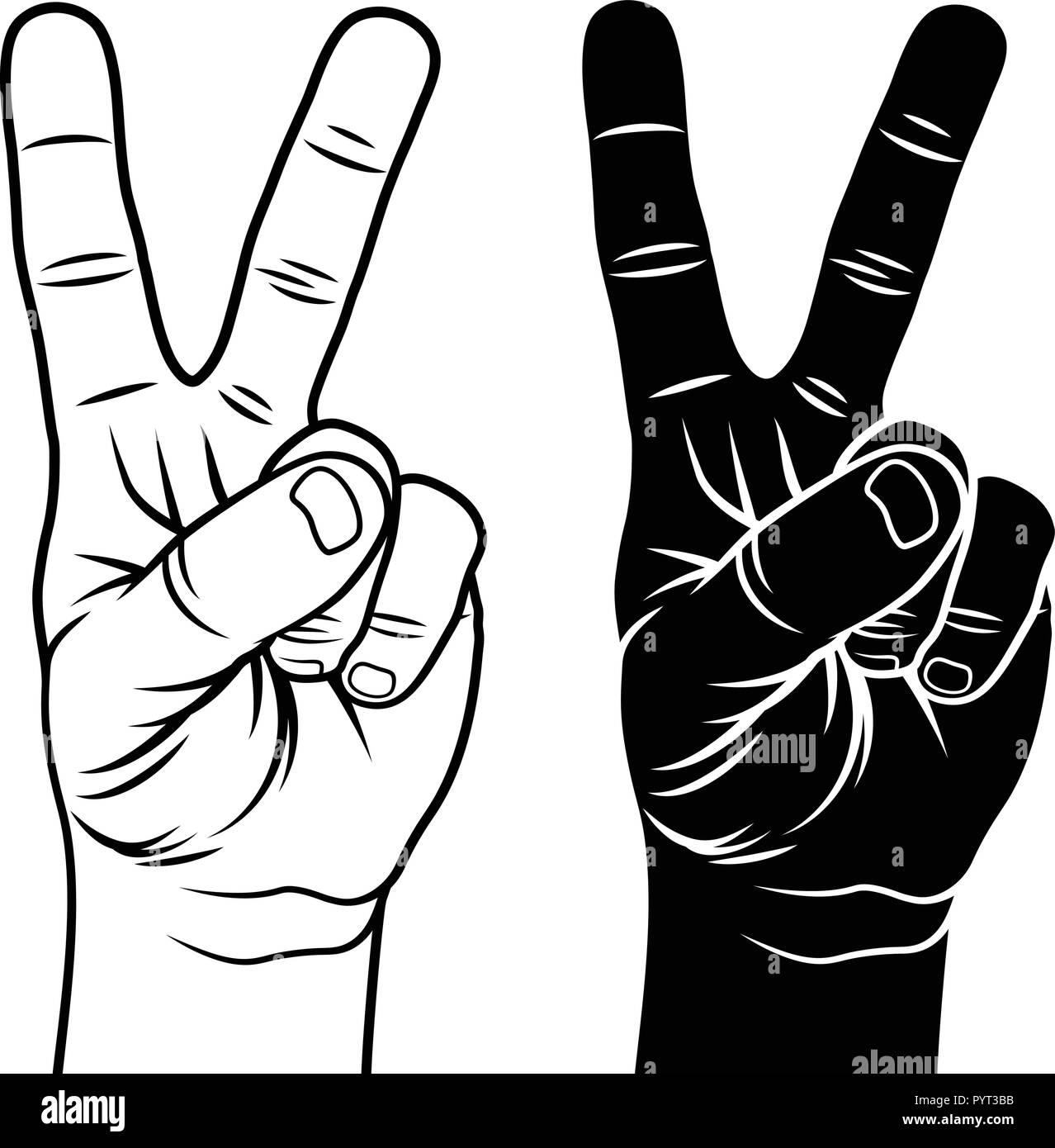 Sieg und Frieden Geste Symbol. Hand mit zwei Fingern nach oben. Handskizze Stock Vektor