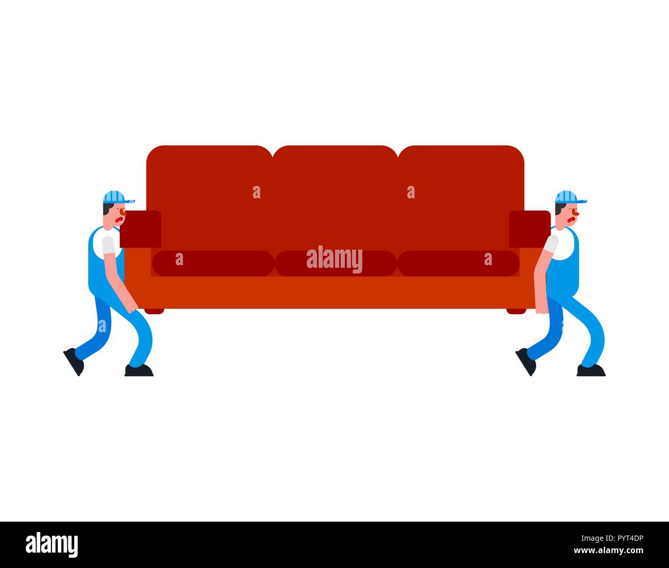 Urheber und Sofa. Torhüter tragen Couch. Lieferservice. Lader mover Mann hält. Verschieben von Vector Illustration Stock Vektor