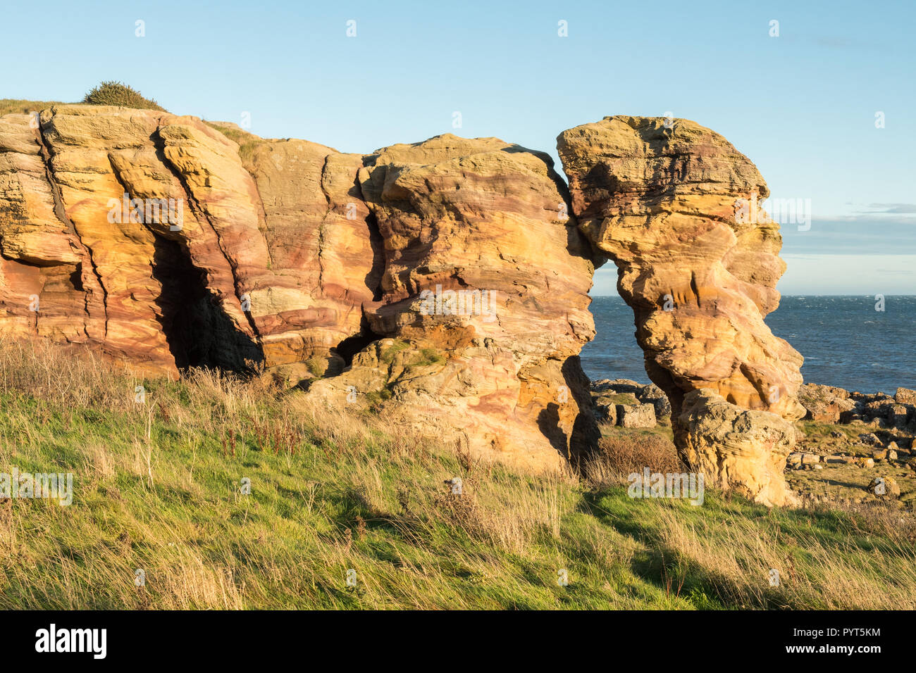 Caiplie Höhlen-cave-System lokal wie die Buchten bekannt, auf der Fife Coastal Path zwischen Anstruther und Crail, Fife, Schottland, Großbritannien Stockfoto