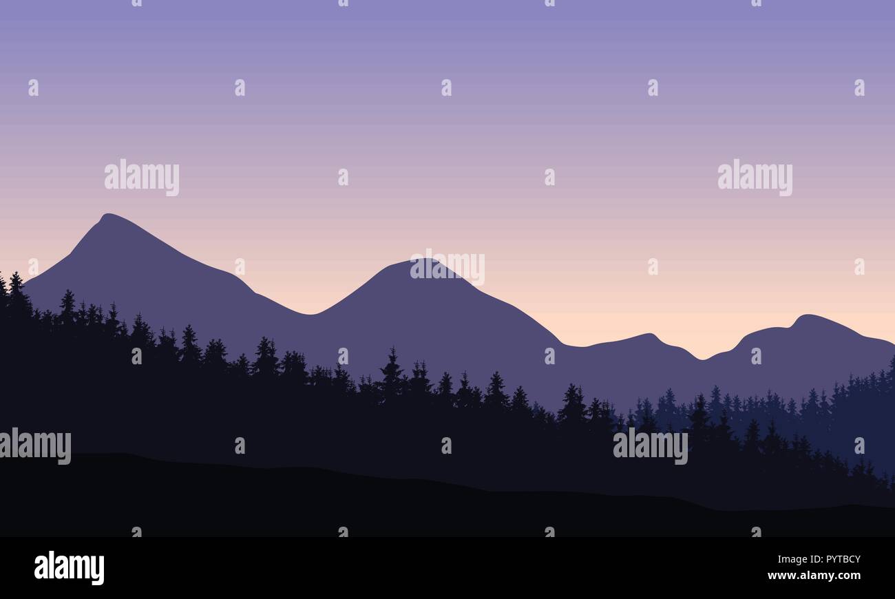 Vector Illustration einer Berglandschaft mit Wald und Baum oben, unter einem klaren blauen Himmel mit Dawn Stock Vektor