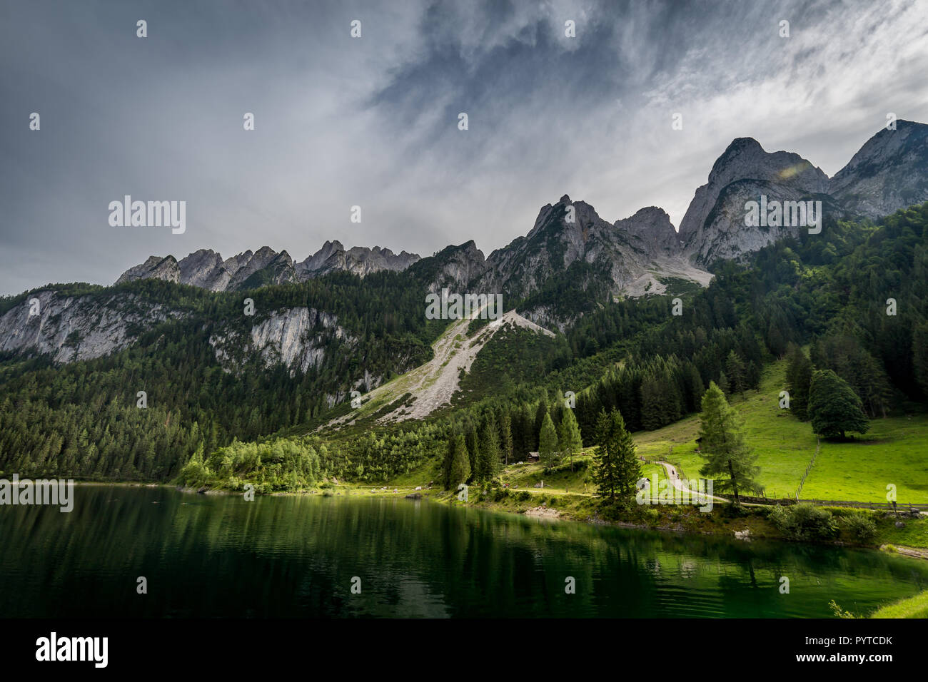 Farbenfrohe Sommer Szene der seitlichen vorderen Gosausee mit Wald- und felsigen Hügeln im Hintergrund Stockfoto