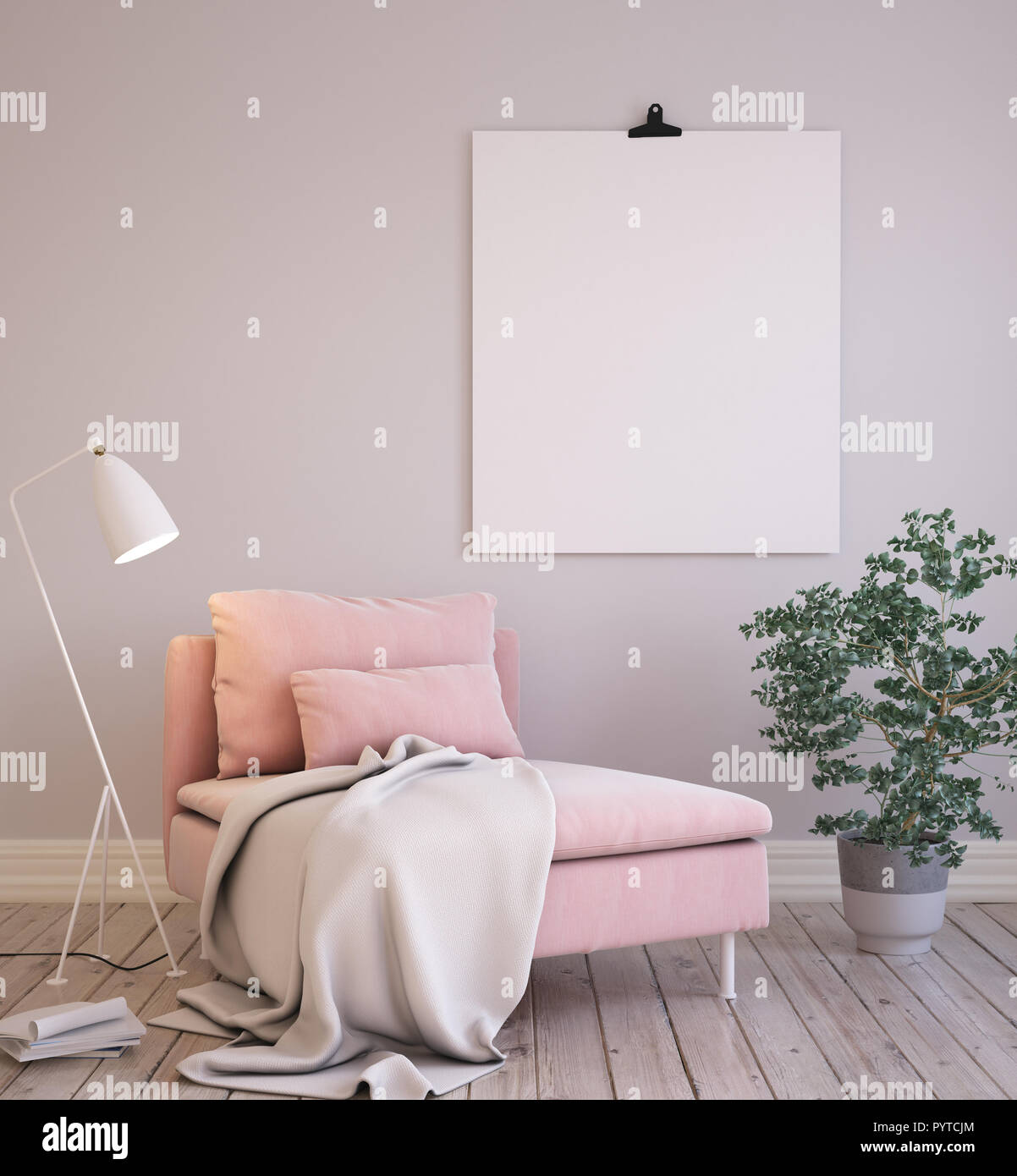 Mock-up Poster Hintergrund im Wohnzimmer Innenraum, 3D-Rendering Stockfoto